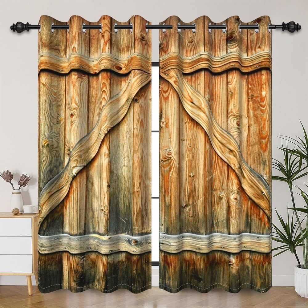 Renaiss 木製ドアカーテン 素朴なヴィンテージ木製納屋ドアプリント Amazon｜DORCEV クローズドドア バーンドアカーテン 素朴な