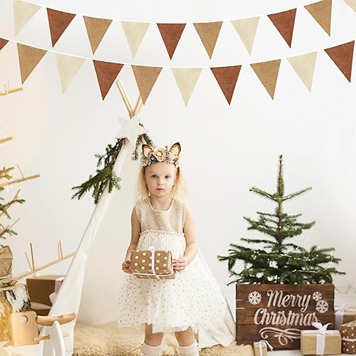 Miniatura 5 de Decoraciones de fiesta marrón de 32 pies con banderines bohemios, banderines de tela, bandera triangular, guirnalda de banderines de lino para