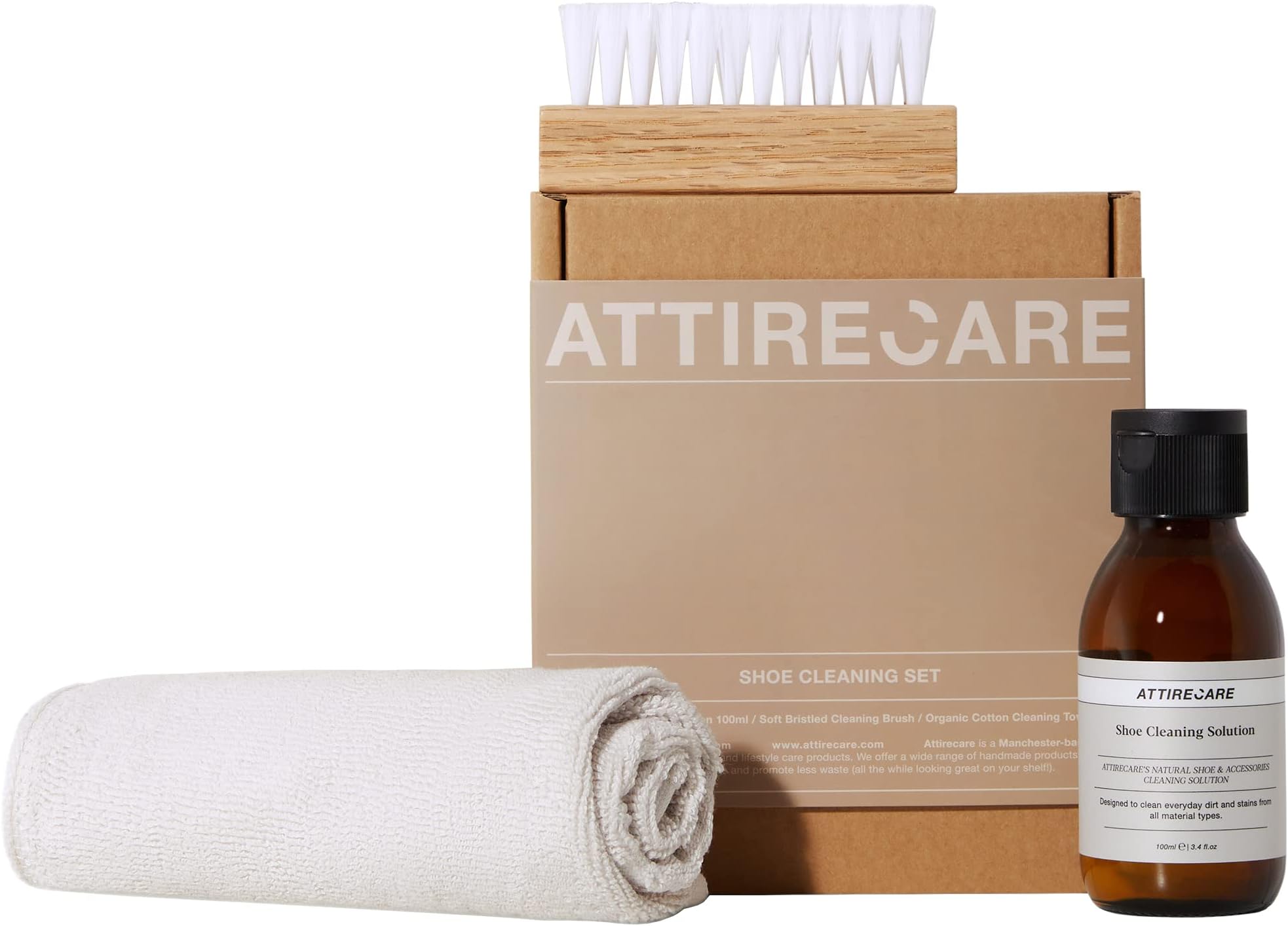 Attirecare Shoe Cleaning Kit - Leather, Suede, & Boot Cleaner with Shoe Brush, Cleaning Solution, & Cotton Towel - Shoe Polish Travel Set for Trainers, Nubuck, & Fabric, 100ml