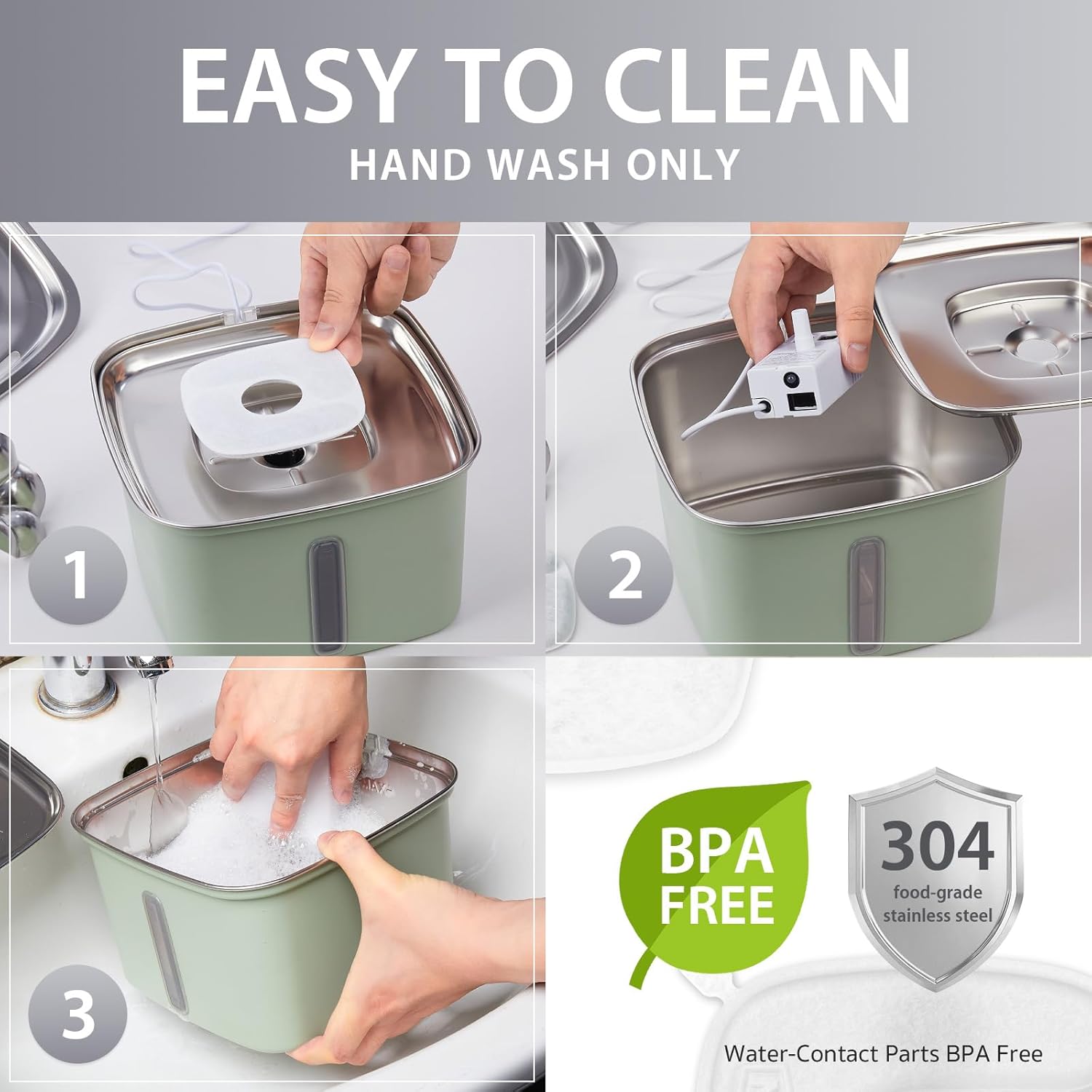 Veken Innovation Award Winner Stainless Steel Cat Water Fountain, 95oz/2.8L Automatic Pet Fountain Dog Water Dispenser with Replacement Filters & Silicone Mat for Cats, Dogs, Multiple Pets (Tea Green) Tea Green+2 Filters+2 Sponges 95oz (Standard Fill)