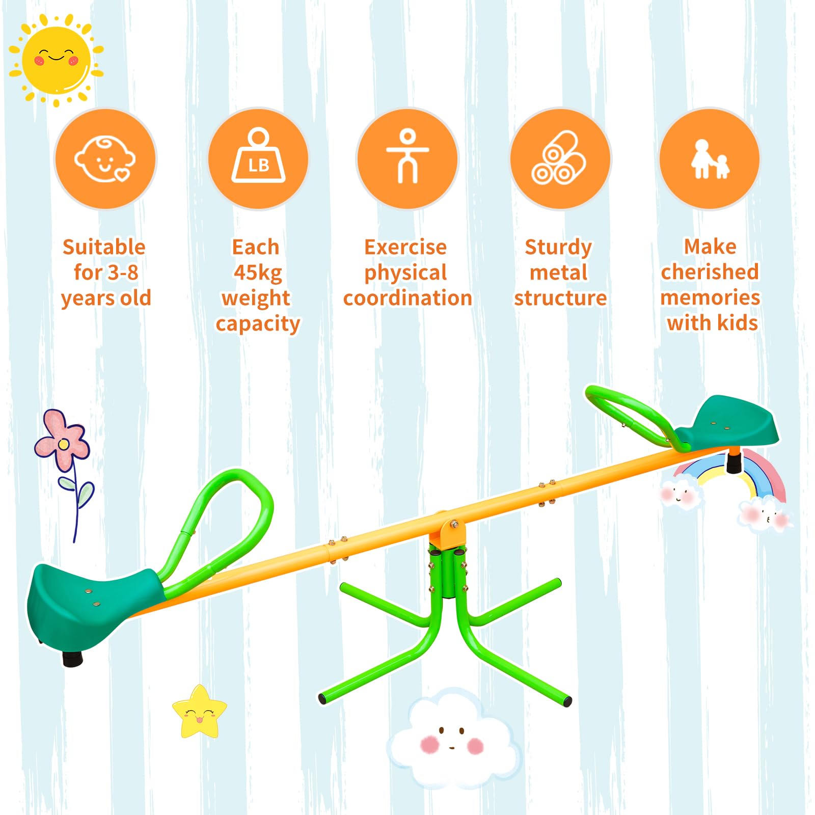 2-Sitzer Wippe 180 cm Kinderwippe Garten extra lang Outdoor Spielgerät Stahlrahmen gelb-grün