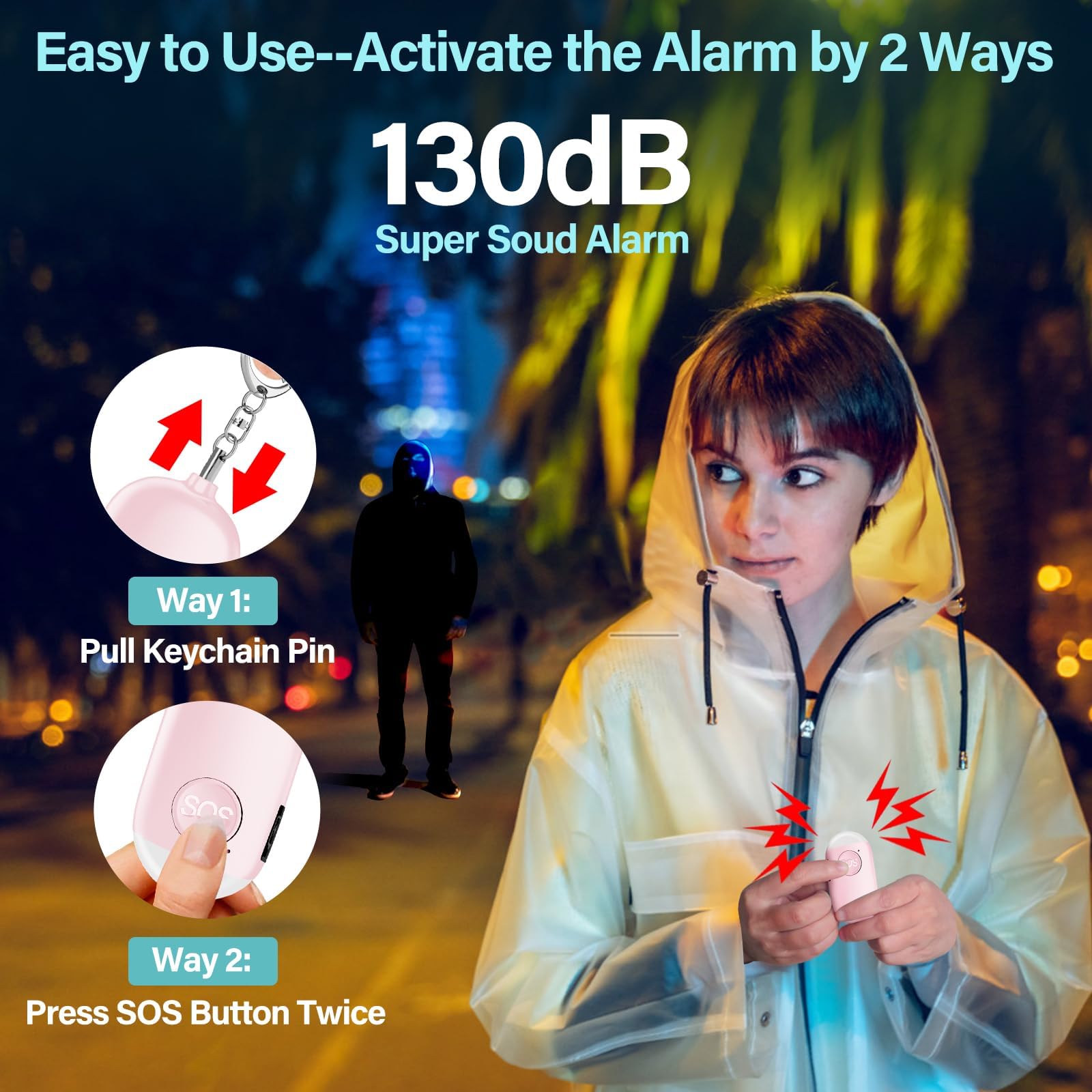 Alarma Personal Autodefensa de Bolsillo Hion - Llavero de Defensa Personal Recargable 130 dB con Iluminación LED para Mujeres, Niños y Personas Mayores - Potente y Confiable(Rosa, 1)