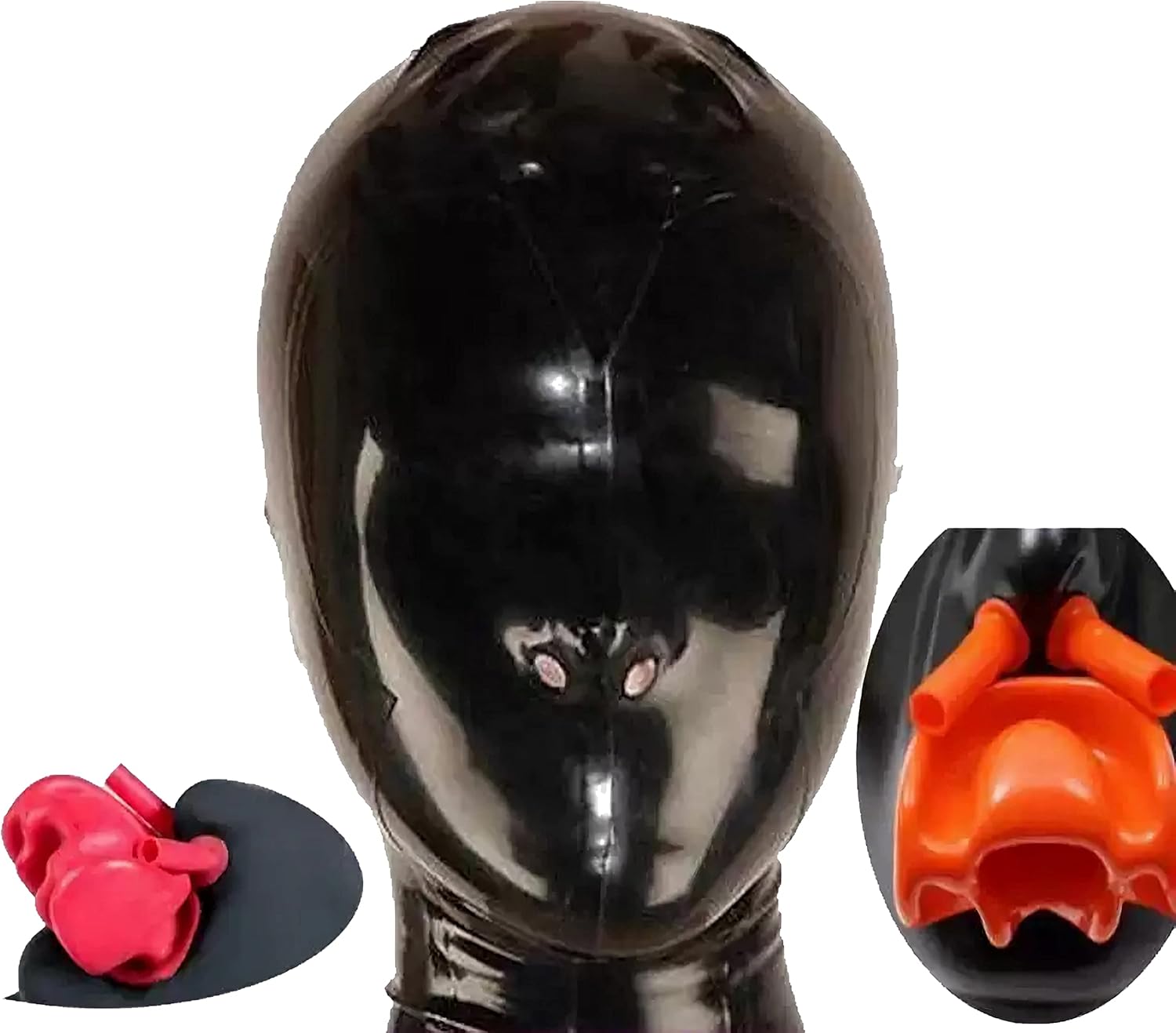 Black Latex Hood with Zipper, Red Mouth Gag & Nose Tube, Breathable Full Face Mask for Cosplay, Parties, Halloween