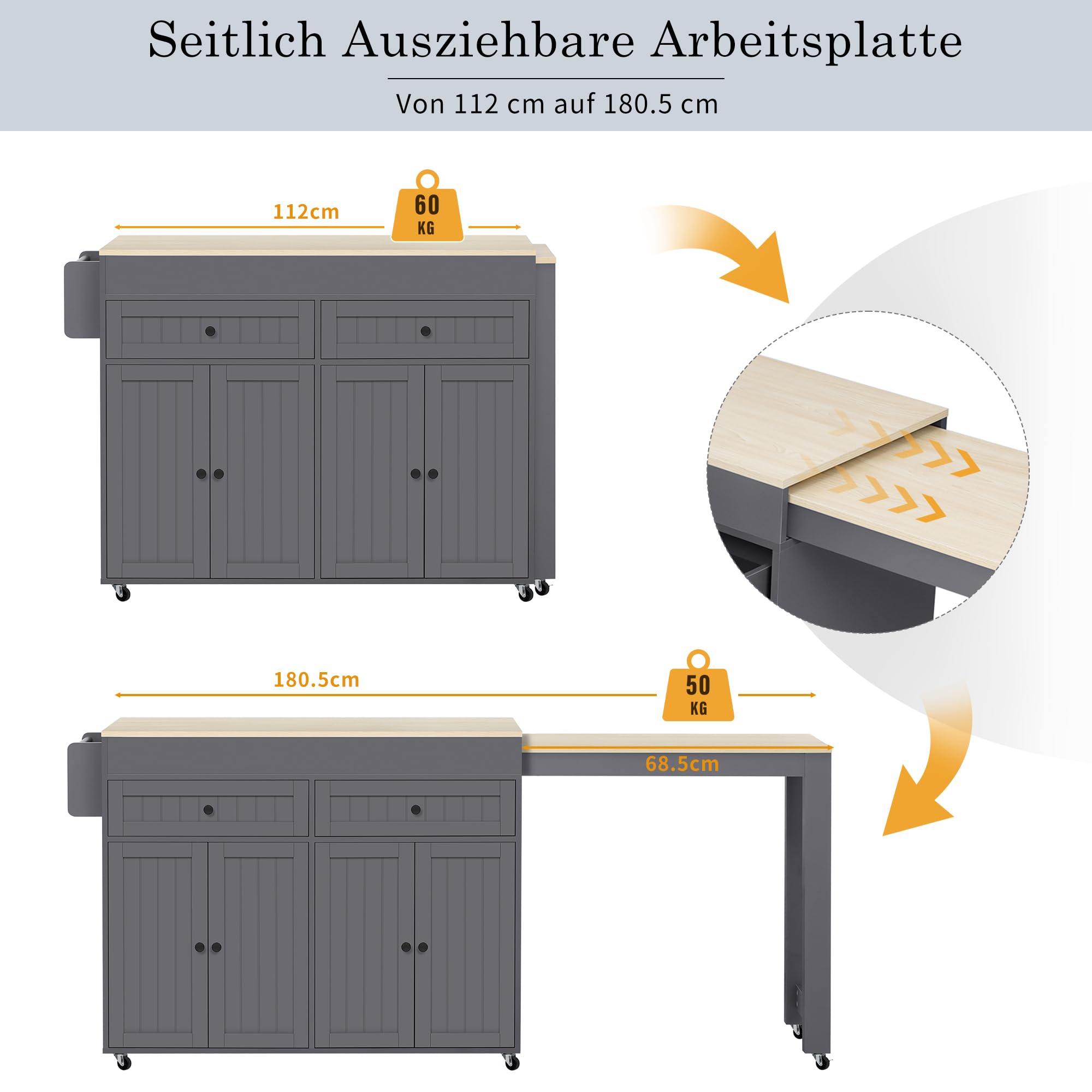 AL FRESCOOL Küchenwagen Mit Ausziehbarer Platte – Mobile Kücheninsel, 180,5x45x92,2 Cm, Grau, Mit 7 Rollen