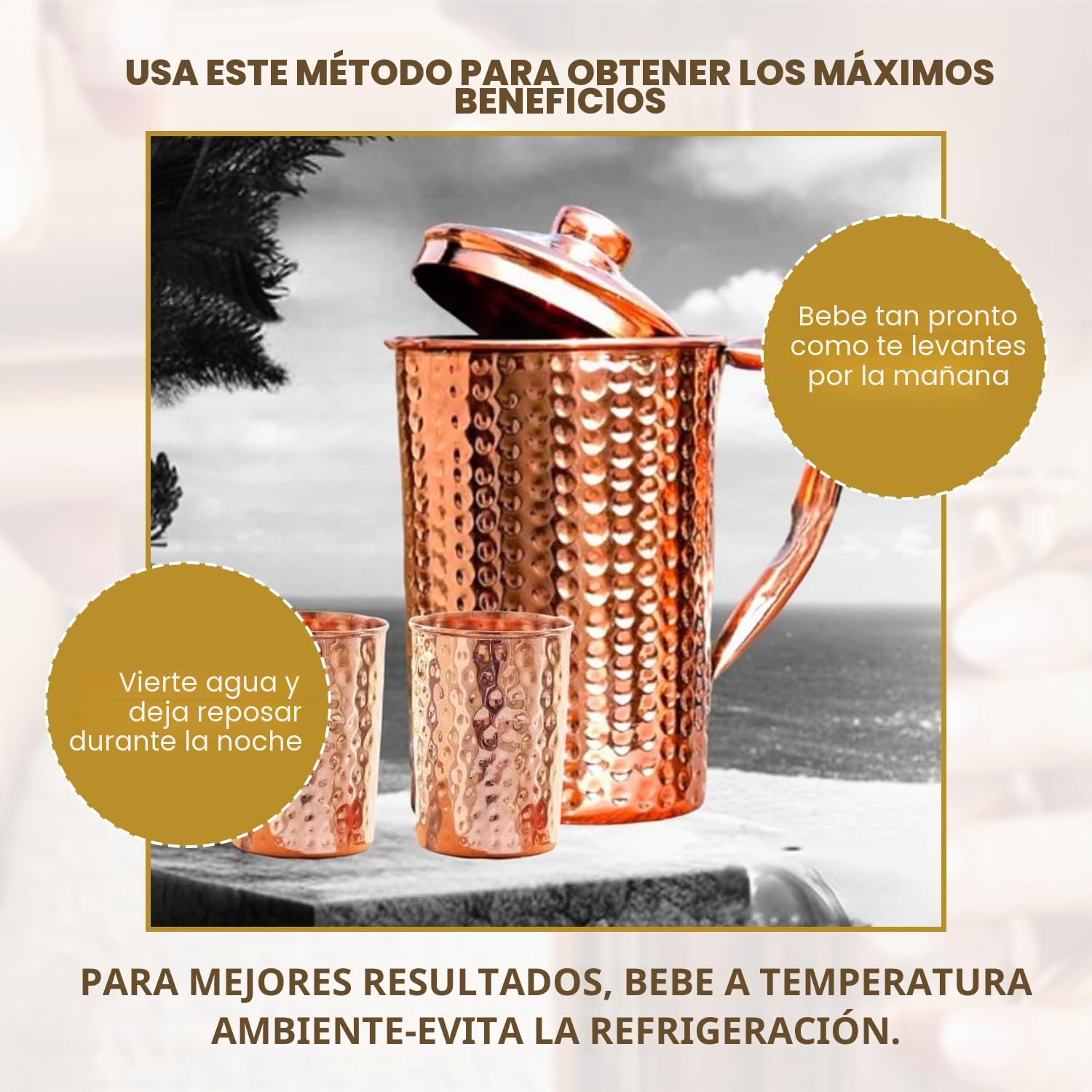 Jarra de agua de cobre con tazas de cobre | 1.5 L (50 oz), marrón, beneficios para la salud del Ayurveda