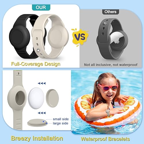 Miniatura 4 de Funda para AirTag, pulsera y collar impermeables para niños, soporte de silicona suave con llavero (negro + beige, blanco)