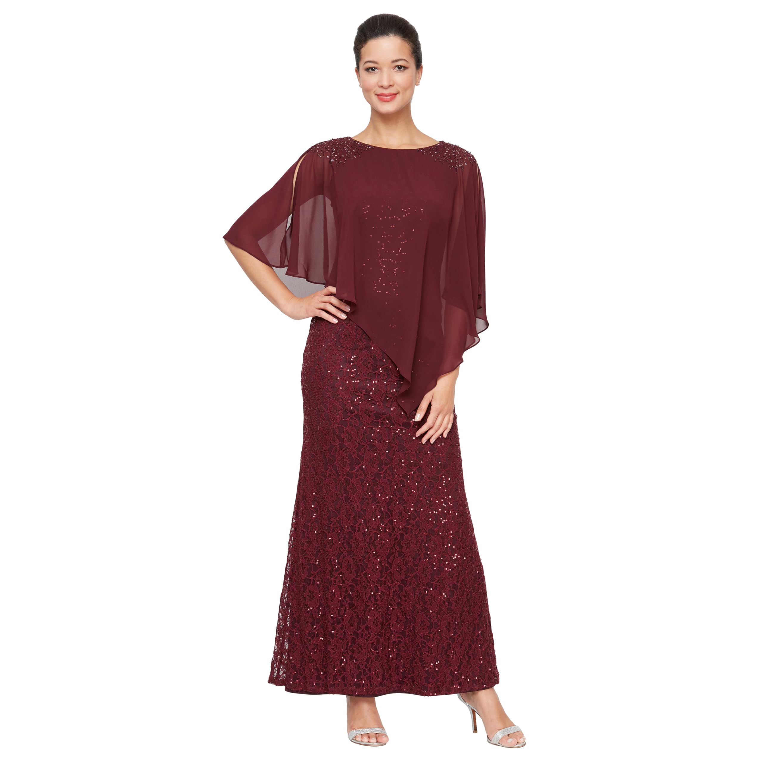 S.L. Fashions Womens Long Shimmer Foil Printed Chiffon Overlay Wedding Guest Capelet Gown, Formal Dress W/Attached Cape