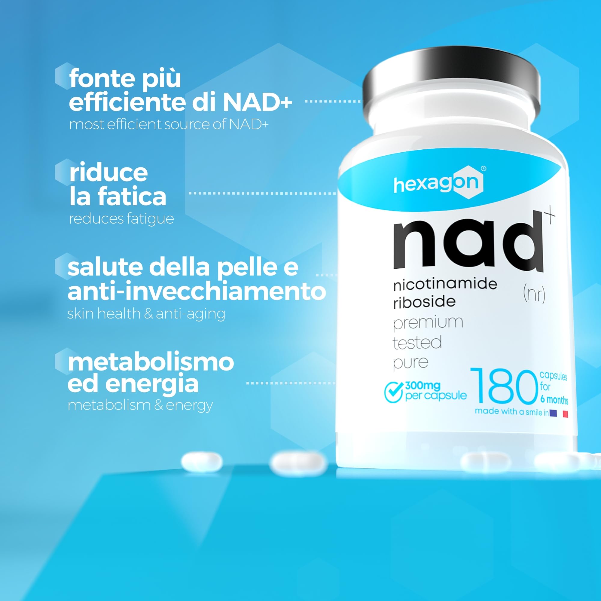 NAD+ Nicotinamide Riboside Chloride 300mg - +6 Mesi di Cura - NAD Booster - Anti-Età e Contro la Fatica, Supporto Nervoso - 180 Capsule Vegetali - Vegan & Premium - Hexagon