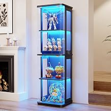 BROTTAR Small Rounded Display Cabinet with Glass Door, for Collectibles | 4-Tier Curio Cabinet with 3 Color Lights, Glass Display Case with Transparent Full-Display Surface, Black