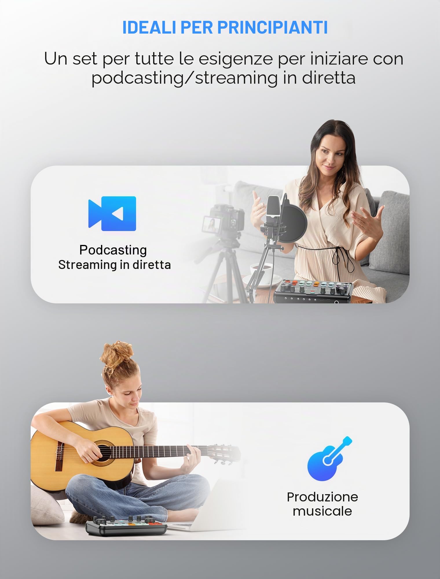 SINWE Set All-in-One per Podcast Pro • Mixer da studio con microfono a condensatore • Audiobox Plug & Play per PC e smartphone • Perfetto per streaming, gaming, YouTube (inclusa scheda audio)