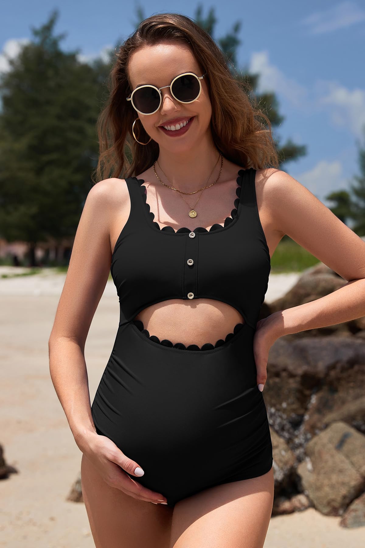 SHEKINI Costume da bagno premaman intero, smerlato ritagliato, costume da bagno regolabile con scollo rotondo e comodo costume da bagno per donne incinte