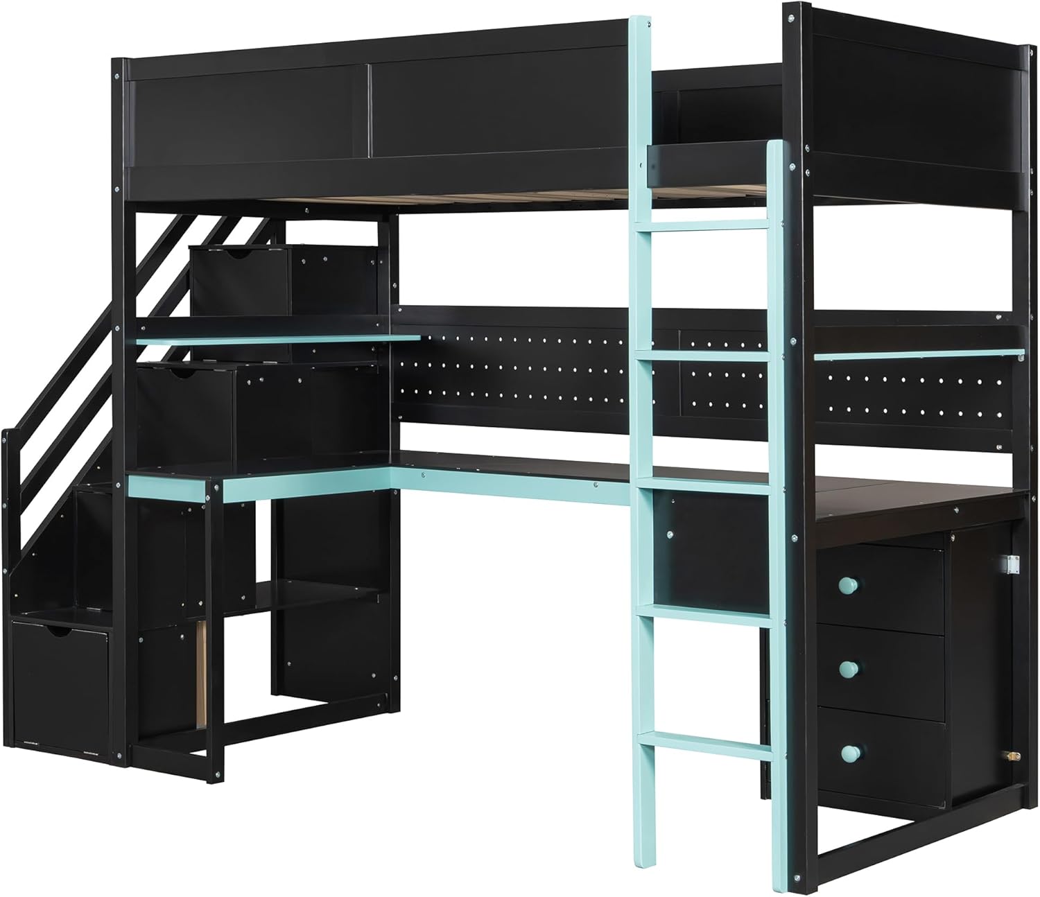LZ LEISURE ZONE Twin Size Gaming Bed, Wooden Loft Bed with Desk, Storage Stairs, Shelves & Pegboard, Black+Blue