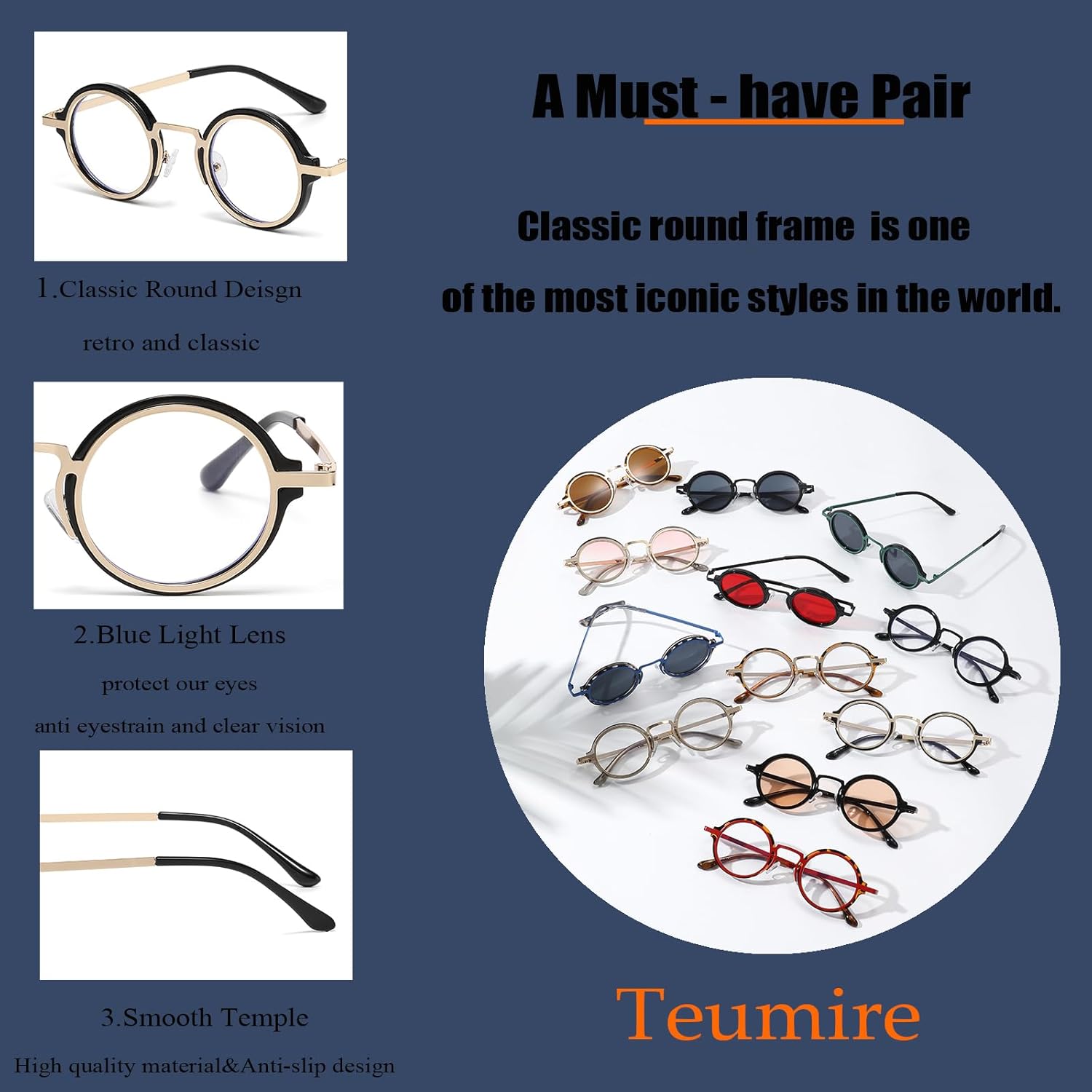 Classic Round Glasses for men women Circle Blue Light Eyeglasses Hippie Style Non Prescription Eyewear A01 Gold Black 42 Millimeters image 3 of 5 B0FKT4H698