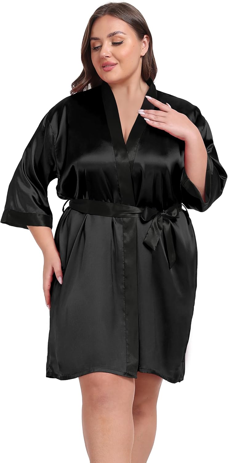 Women's Plus Size Satin Kimono Robes Short Silky Bathrobe Wedding Getting Ready Sleepwear Loungewear