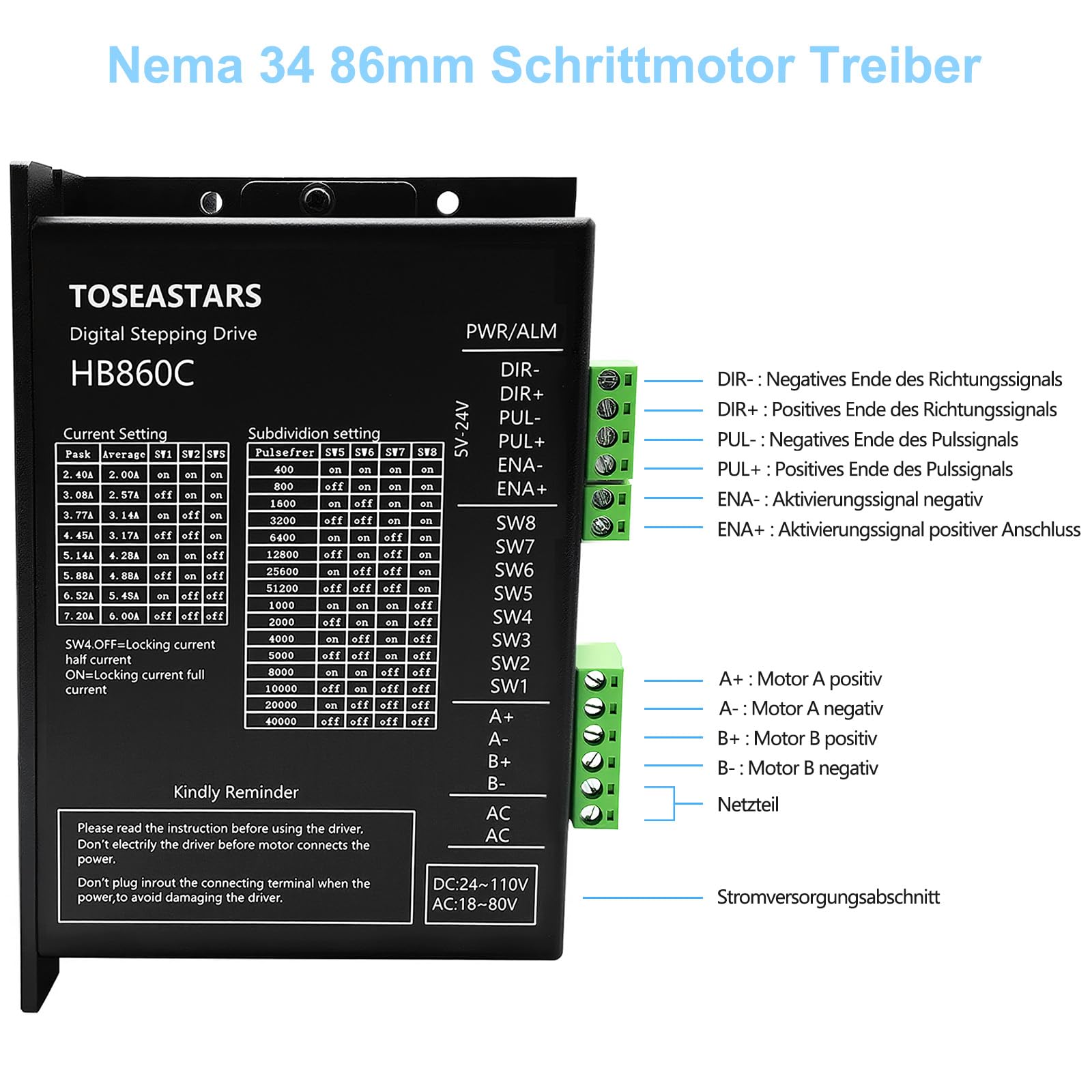 Nema 34 86mm Schrittmotor 8,5Nm 6A 2 Phase 4-Draht 1.8 degrees 14mm Schacht & 6.0A 18-80VAC Treiber 1 Achse CNC Kit für CNC Fräsen Drehbank Plasma X Y Z Axis 3D Printer Motor