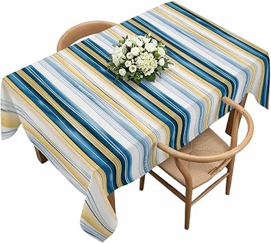 Stripes Tablecloth Rectangle 60 x 120 Inch, Yellow White Blue Lines Watercolor Vintage Table Cloth Waterproof and Oil Proof Table Cover Decor for Kitchen Dinning Party Tabletop Outdoor