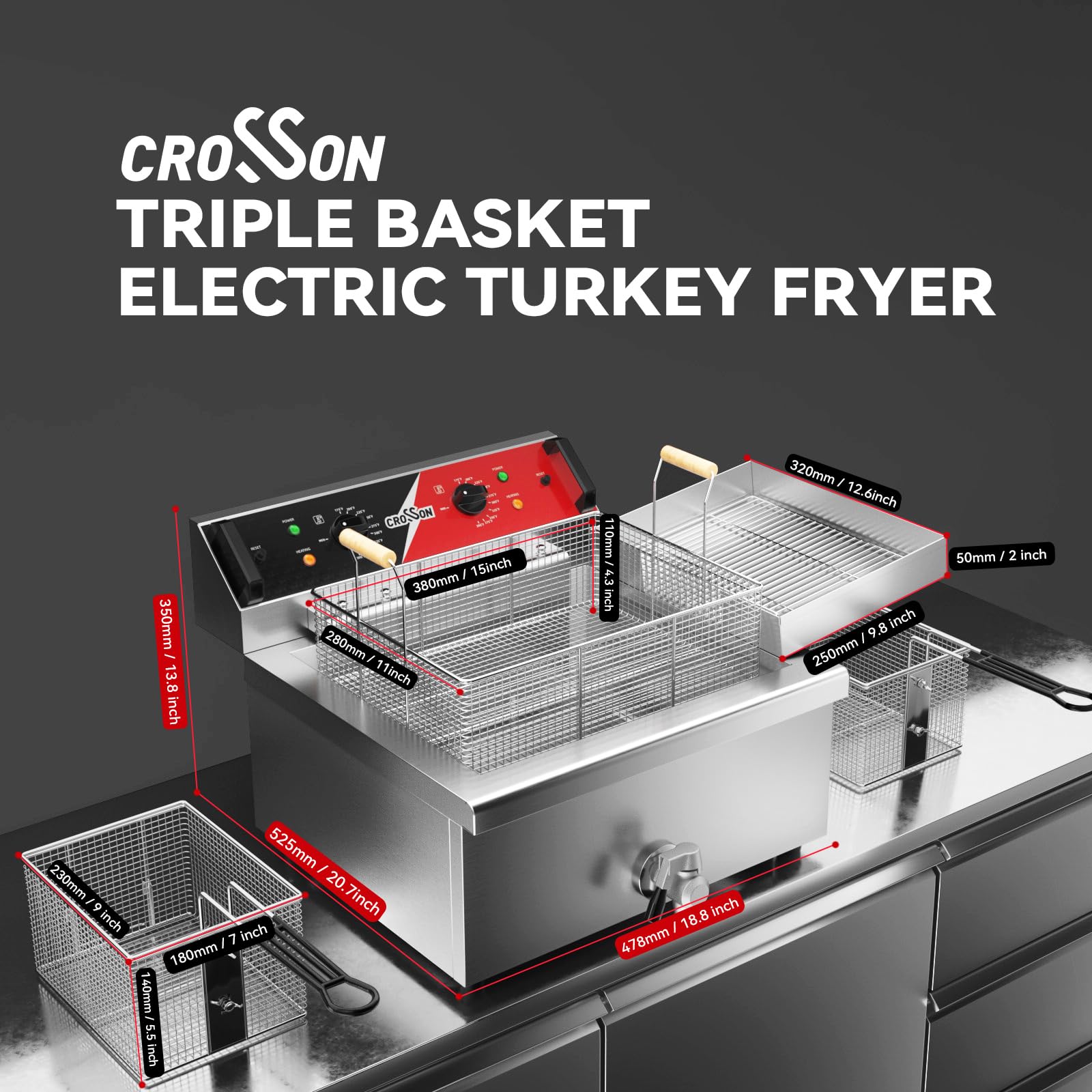 CROSSON Kommerzielle Elektrische Fritteuse 6500W 12L Große Edelstahl Fritteuse mit Ablaufhahn,3 Korb,für Küche Restaurant Verwendung