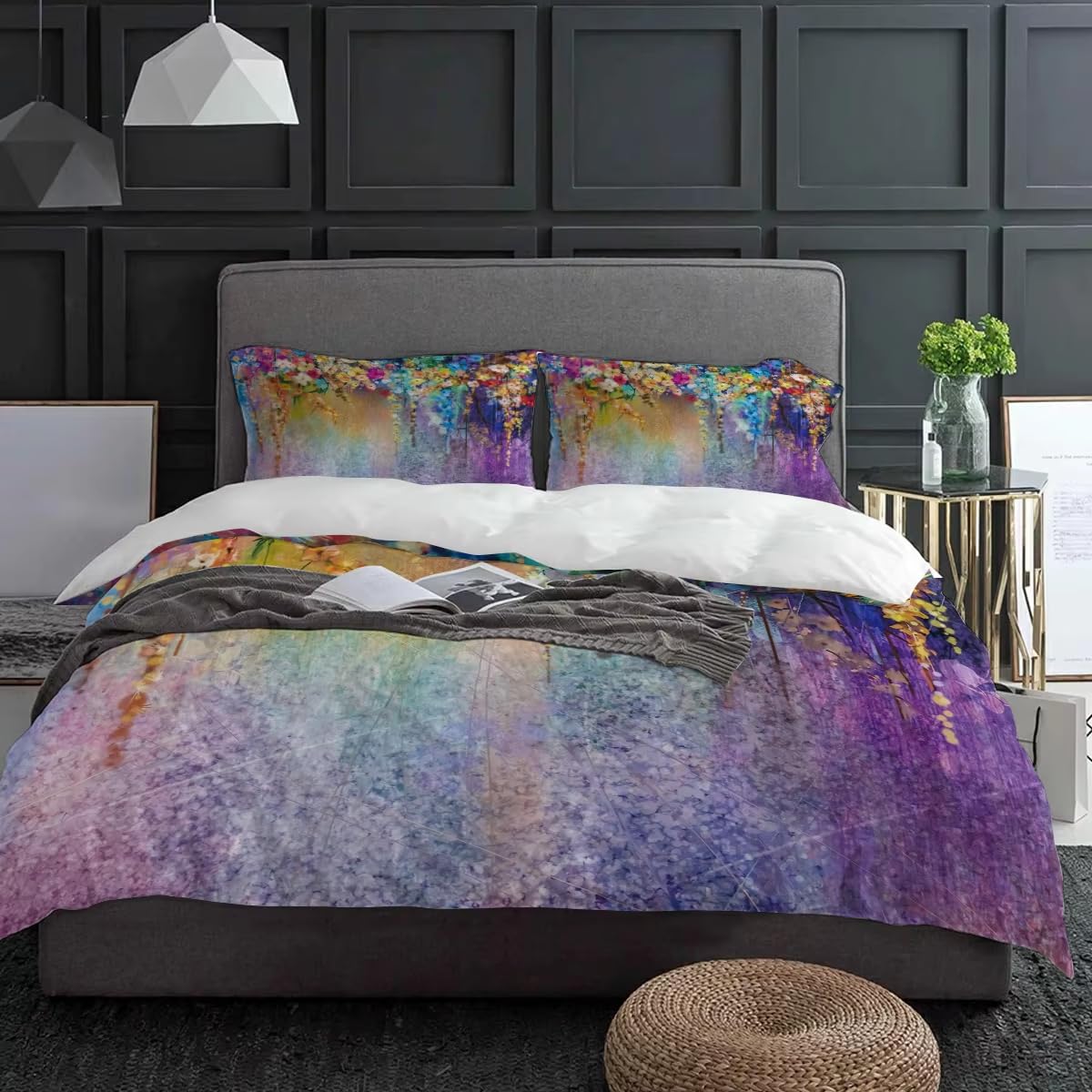 Parure de lit 3 pièces bleu et violet au motif floral raffiné 240x260
