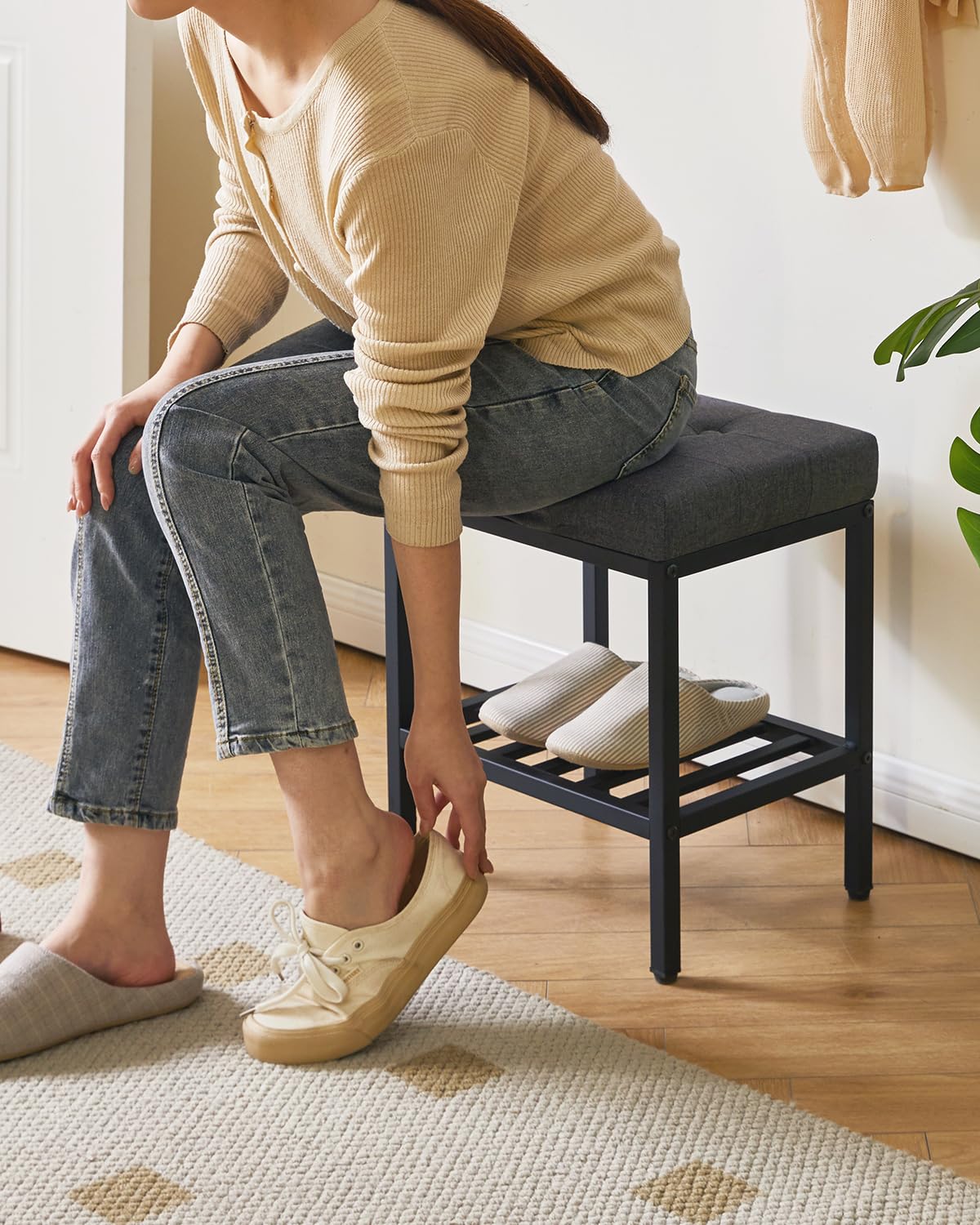IBUYKE Silla de Maquillaje Rectangular con Patas Ajustables y Almacenamiento, Gris Oscuro