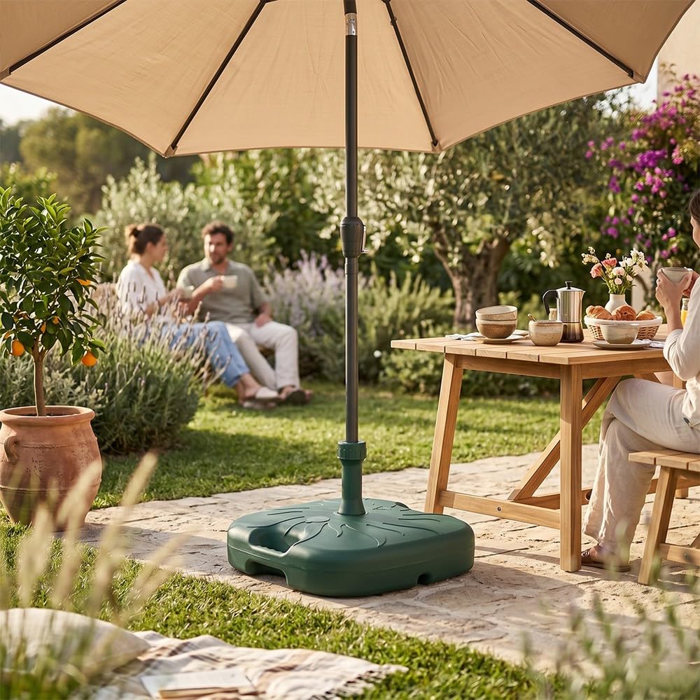 Base Supporto Ombrellone da Giardino 45x45x16h cm PP 18L Maniglie Diametro Tubo 21-33mm Esterno Resistente Riempire Verde