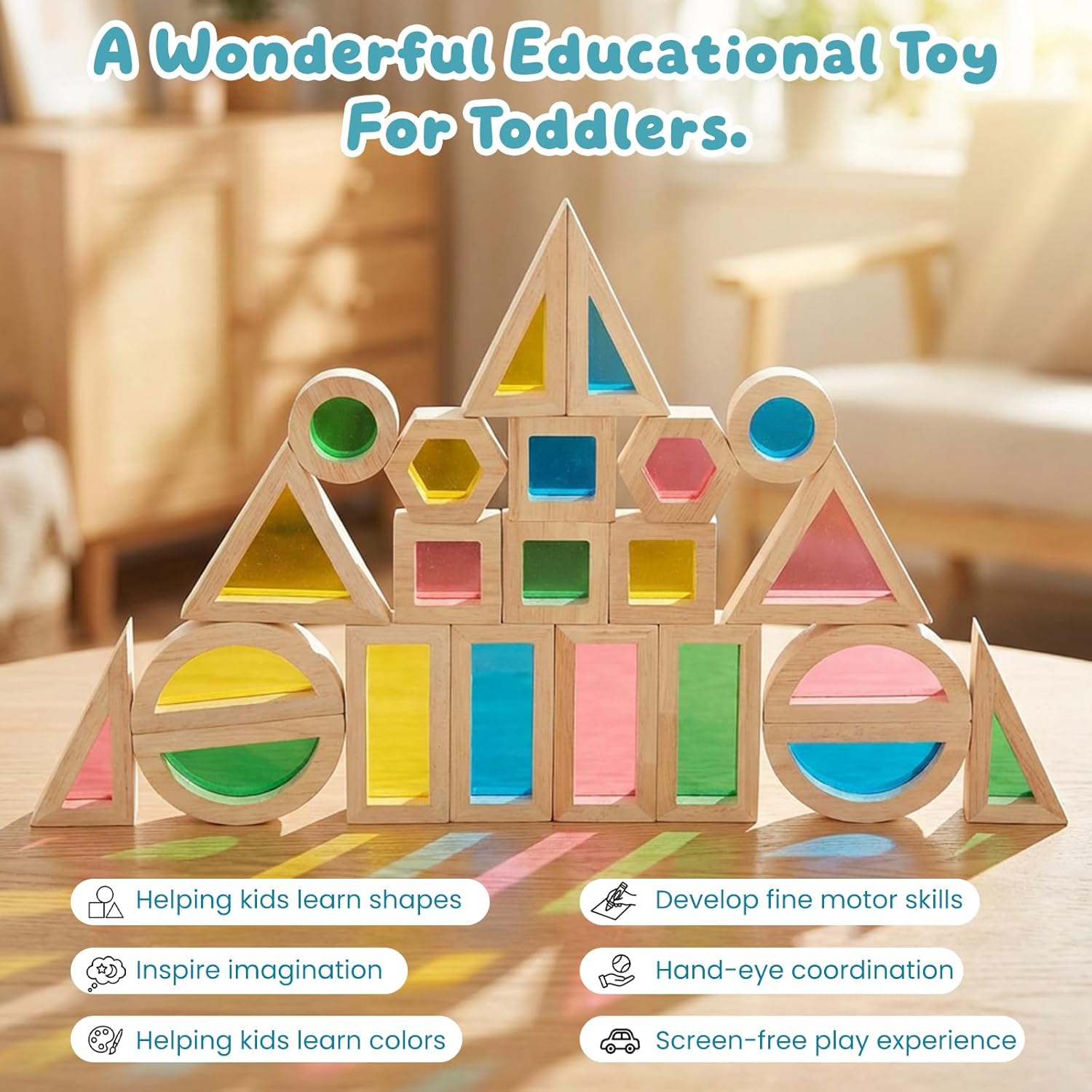 WOODENFUN Wood Building Blocks Set for Kids,Rainbow Stacker Stacking Game Construction Toys Set Preschool Colorful Learning Educational Toys, Geometry Wooden Blocks for Boys Girls