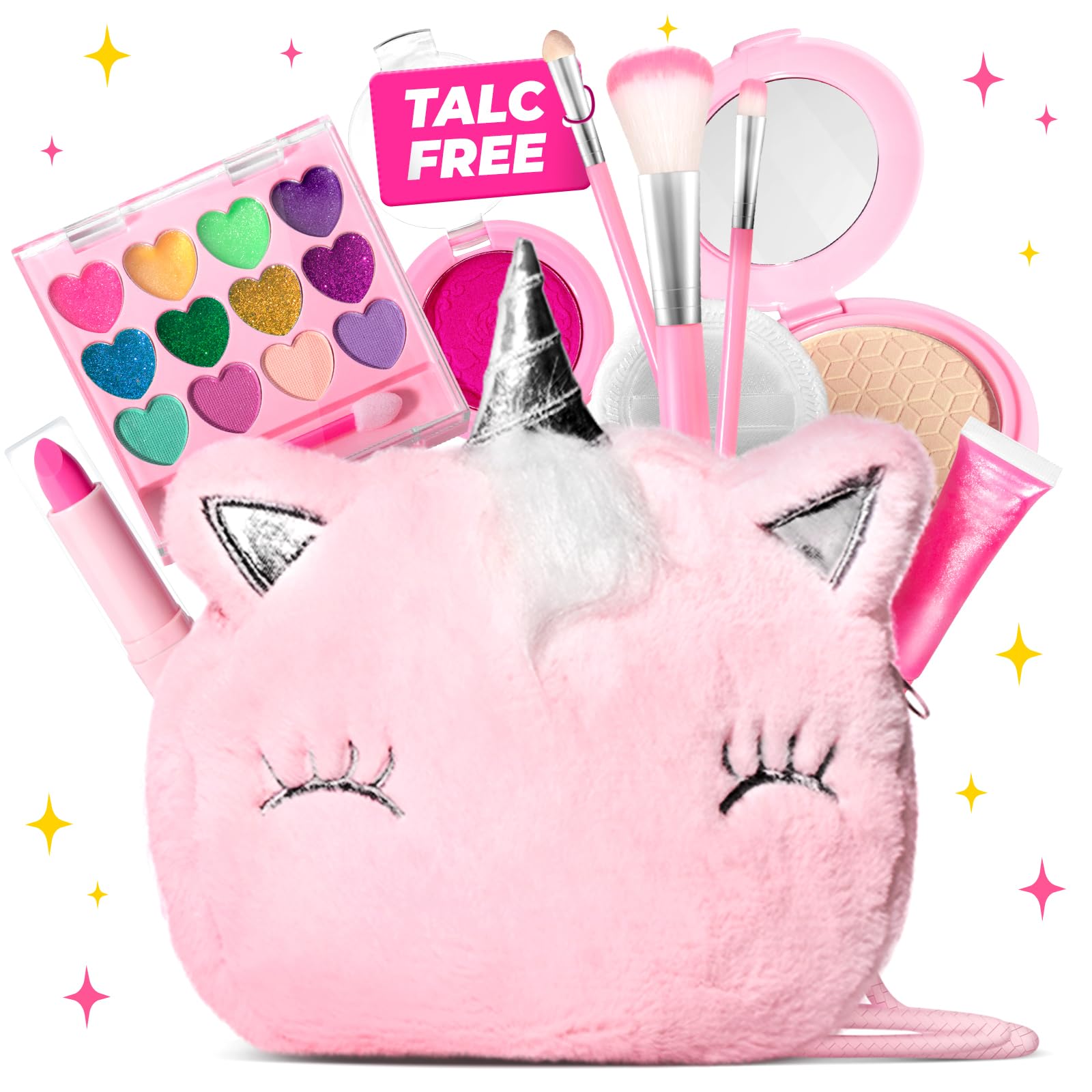 ULOVEME Talc-Free Kids Real Makeup Kit for Girls with Fluffy Unicorn Purse