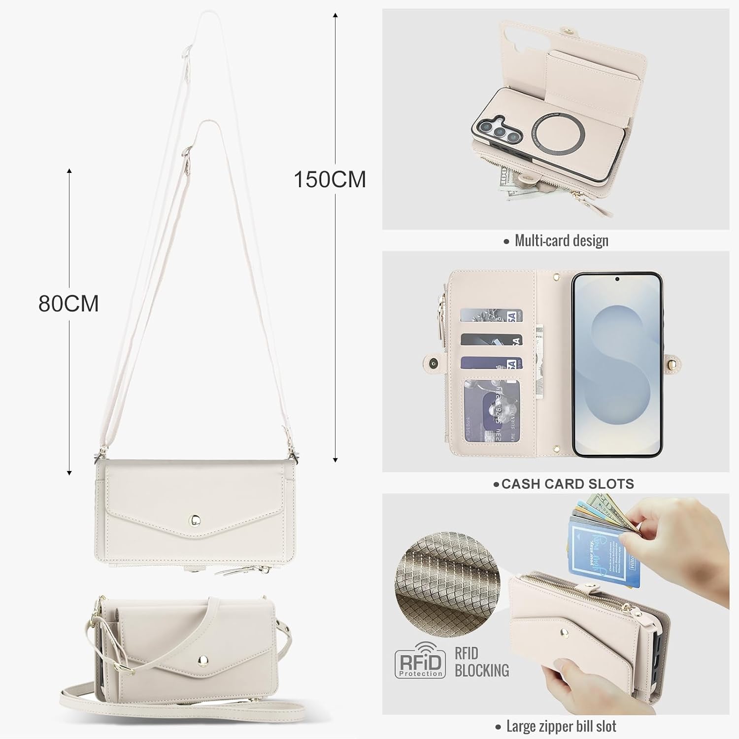 Phone Case for Samsung Galaxy S25 FE 5G Wallet Cover Compatible with Magsafe RFID Screen Protector Crossbody Lanyard Strap Flip Card Holder Slot Zipper Cell Purse S 25 EF S25FE 25S 25FE Off White