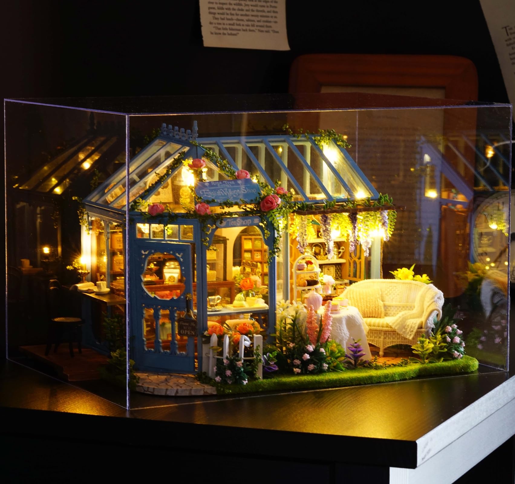 Hallisun DIY Miniature House Kit, Mini 3D Wooden Rose Garden Tea House Building Kit, Tiny Dollhouse with LED Lights & Dustproof Cover, Creative Handmade Craft House, Ideal Gift for Adults Teens