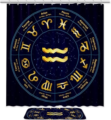 Juego de cortina de ducha y tapete de poliéster impermeable con signo del zodiaco dorado con ganchos 708 x 708 pulgadas