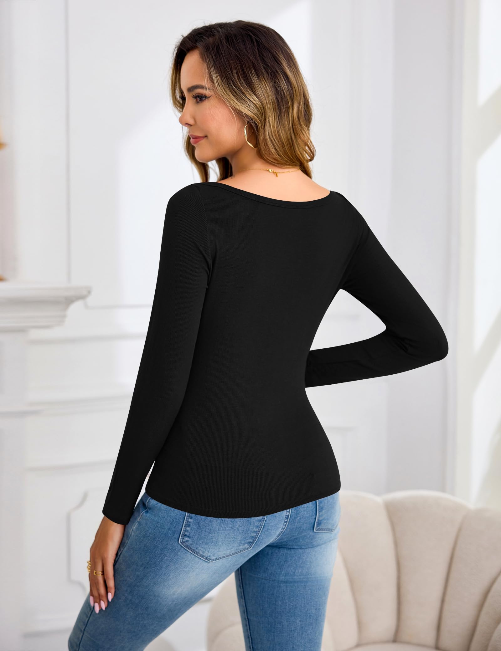 Aottori Maglie Donna Maniche Lunghe Scollo a Barca Cotone Maglietta Elasticizzata Coste Elegante T Shirt Firmate Slim Fit Top Basic Sexy Tshirt Aderente Casual