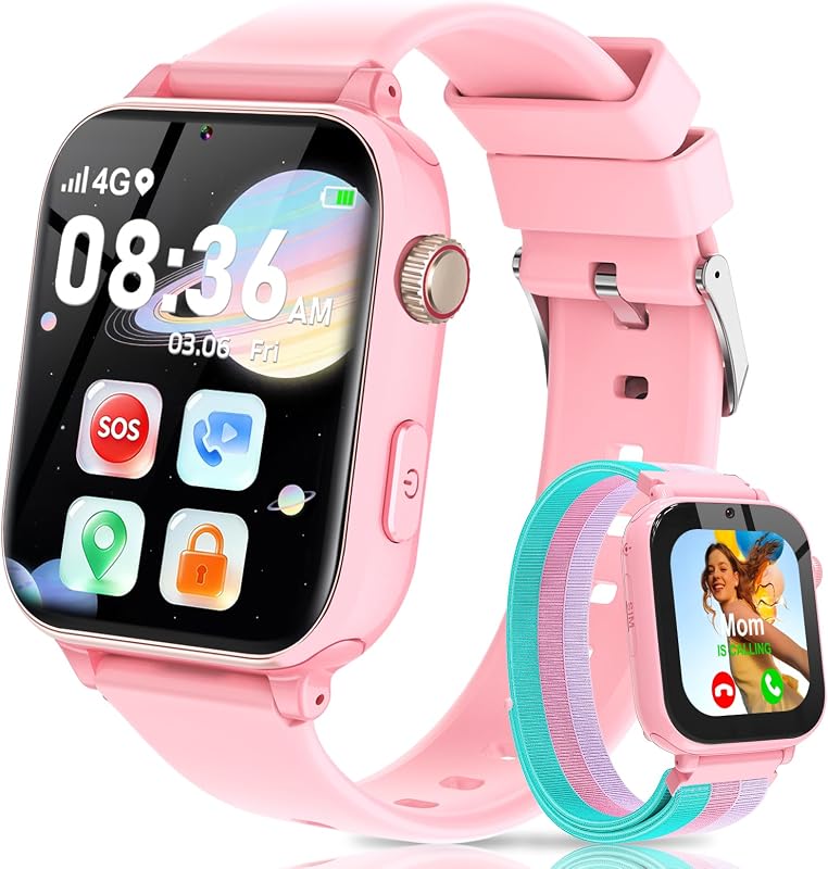 Reloj inteligente 4G para niños con rastreador GPS, videollamadas y mensajes de texto, reloj inteligente para niños con tarjeta SIM, SOS, modo escolar, cámara HD, podómetro, reloj para niños, regalo para niños y niñas de 4 a 12 años, rosa