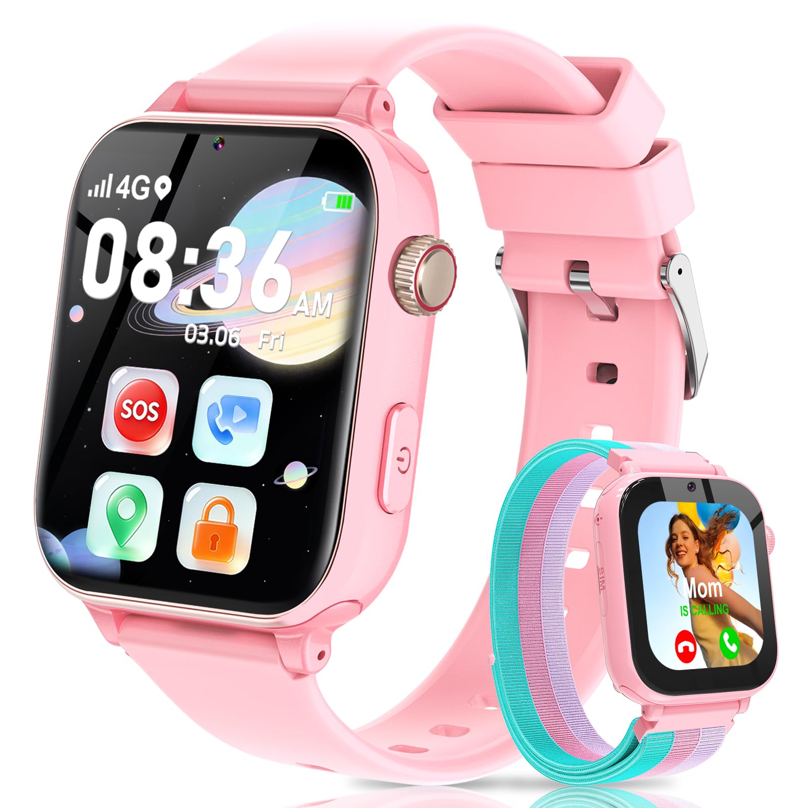 4G Smartwatch Kinder, Kinder Telefonuhr mit Videoanruf, Voice Chat, GPS, SOS, Schulmodus, Wecker, Schrittzähler, Spiele, Smart Watch für Jungen Mädchen Kinderuhr Geschenke 4-12 Jahren (Orangerosa)