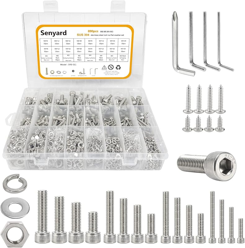 M6 M5 M4 M3 Metric Screw Assortment,Metric Bolts and Nuts Kit（with Lock&Flat washers・Wrenches） Socket Head Cap Screws 304 Stainless Steel Hex Head Metric Screws Assortment Set with Case