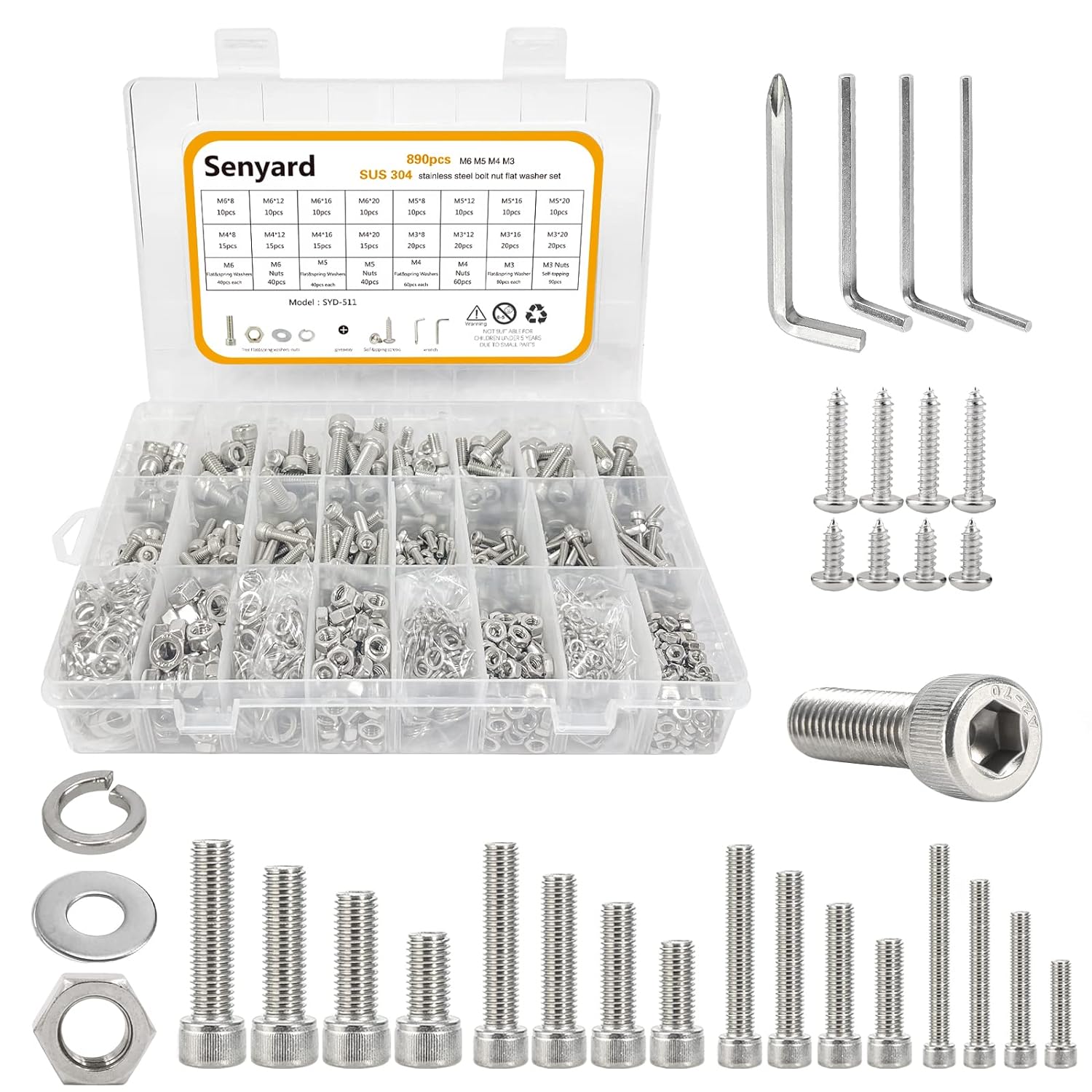 SENYARD M6 M5 M4 M3 Stainless Steel Nuts and Bolts Assortment Kit
