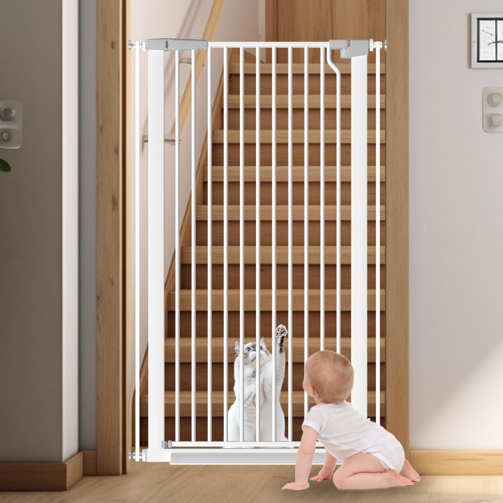 51.18" Extra Tall Cat Gate for Doorway,29.5"- 32.6" Wide Auto Close Tall Pet Gate No Drilling Pressure Mounted for Hallway Kitchen,White
