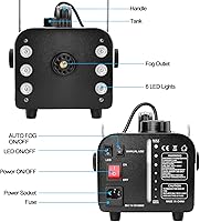Vista 5 de HAKUTA Máquina de niebla, máquina automática de humo de 900 W con 6 luces LED y 7 variaciones de color, salida de 6000 CFM con control remoto