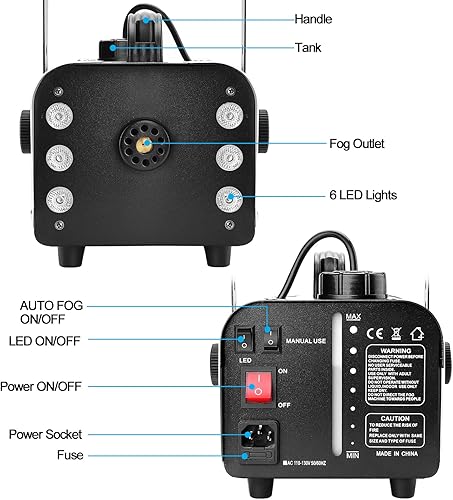 Miniatura 5 de HAKUTA - Máquina de niebla automática de 900 W con 6 luces LED y 7 variaciones de color, salida de 2000 CFM con control remoto inalámbrico para