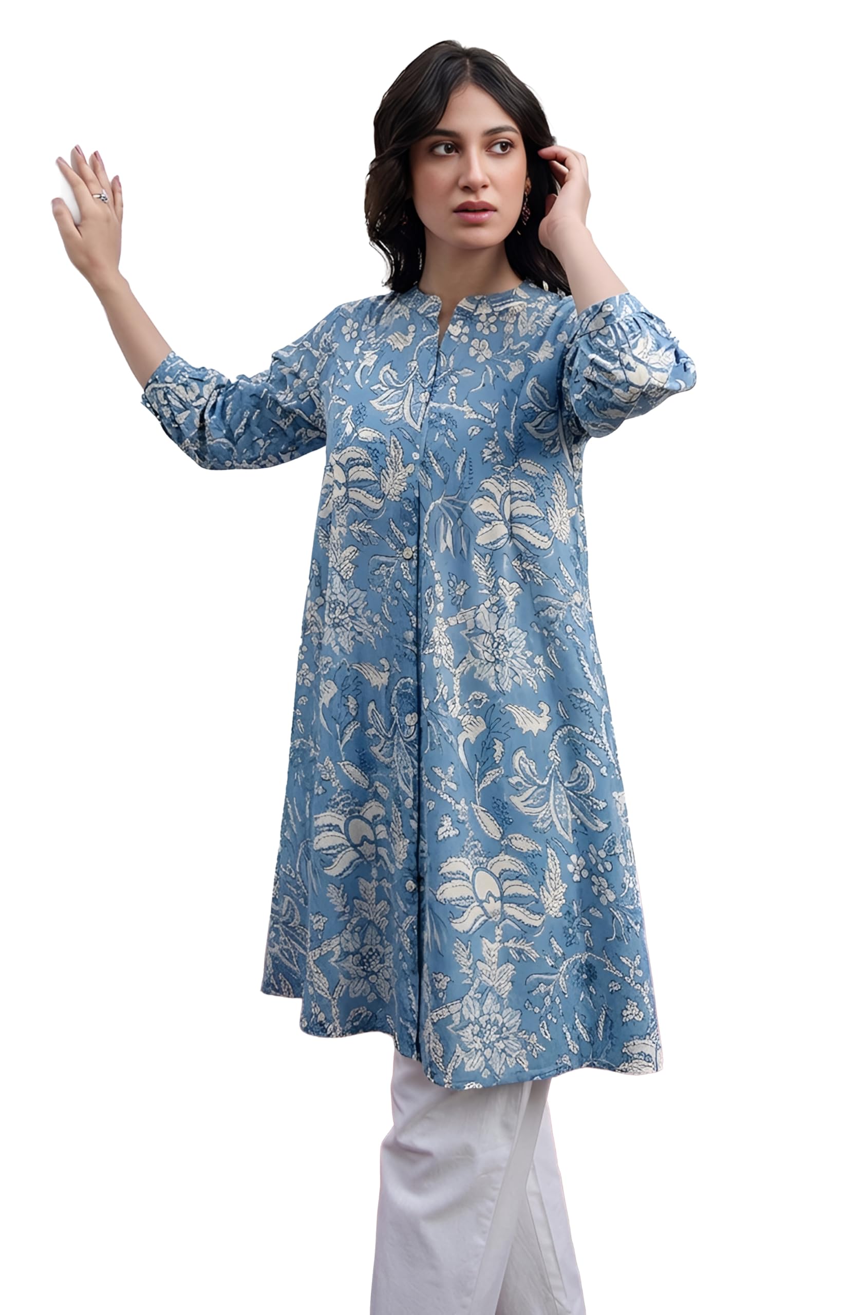janasya Women's Sky Blue Pure Cotton Floral Printed A-Line Tunic-picture-56