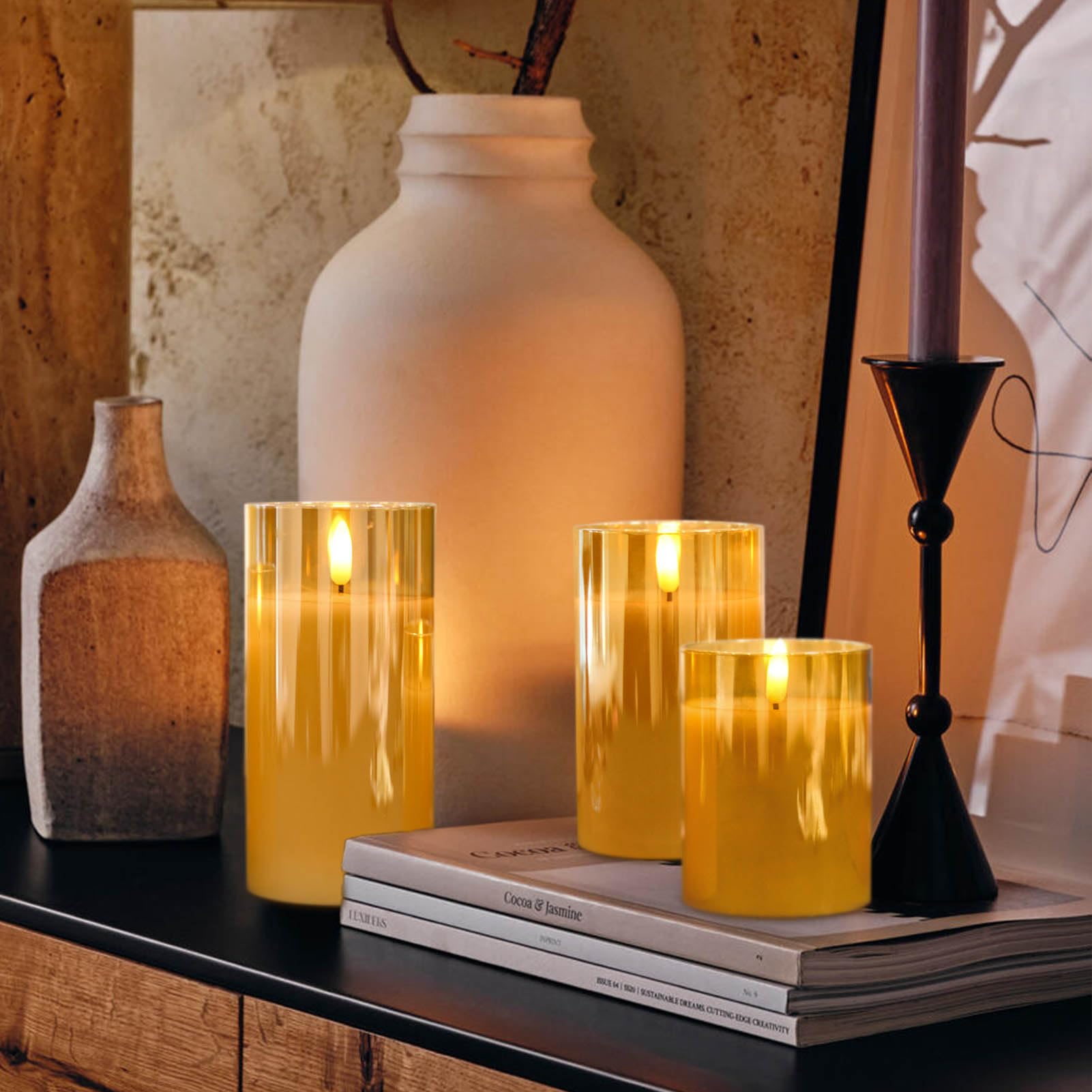 Candele senza fiamma ricaricabili in vetro con timer remoto, realistiche candele 3D a LED con fiamma tremolante, decorazione per la casa per matrimoni, compleanni, festival (oro)