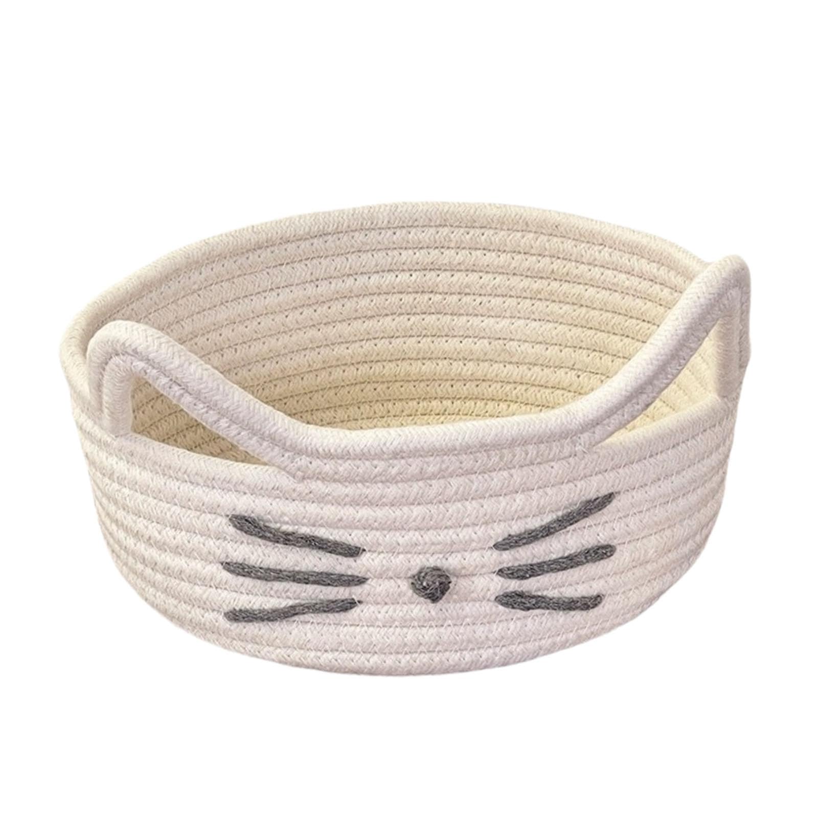 Folpus Cartoon Cat Cotton Rope Basket Toys Organizer Modern Multifunctional Portable Kitten Shape Storage Basket for Dressing Room, Milky White