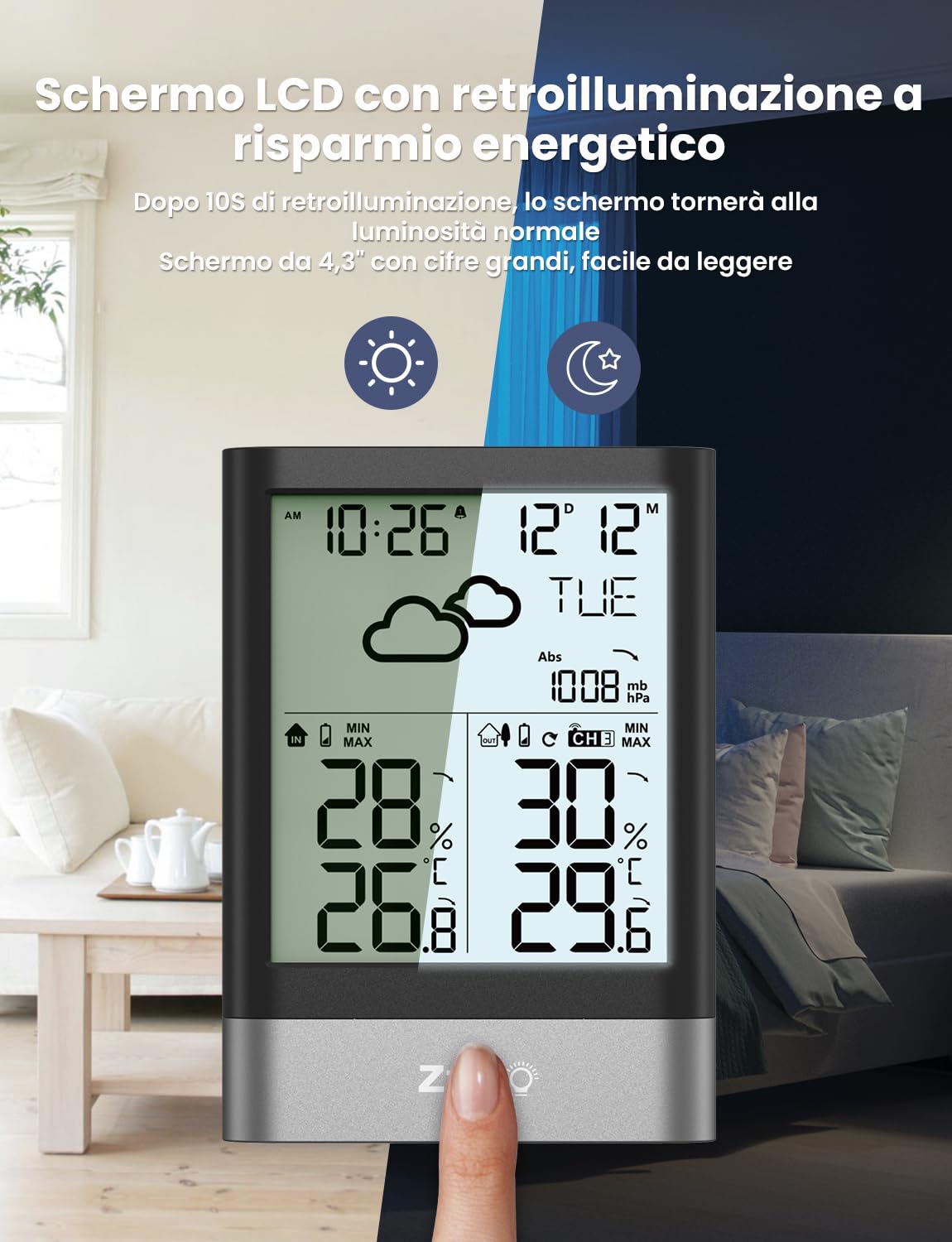 LIORQUE Stazione Meteo con Sensore Esterno, Stazione Meteorologica Wireless con Sveglia, Previsioni del Tempo, Data, Temperatura,Umidità, Retroilluminazione Regolabile, Nero (Batteria Inclusa)