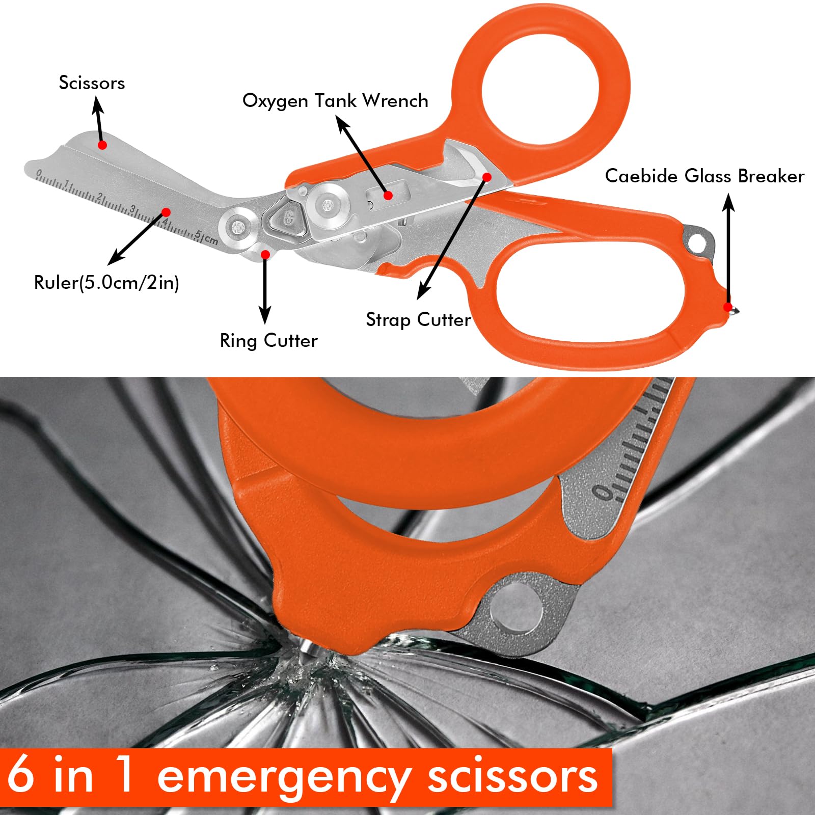 Forbici Mediche Multifunzione Pieghevoli 6 in 1 Raptor, Cesoie di Emergenza, Pinze Multitool per Attività Quotidiane (Arancioni)