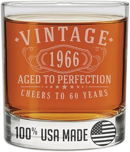 Spotted Dog Company Vaso de whisky grabado vintage de 1966 Regalos de cumpleaños 60 para hombres Saludos a los 60 años Decoraciones de 60