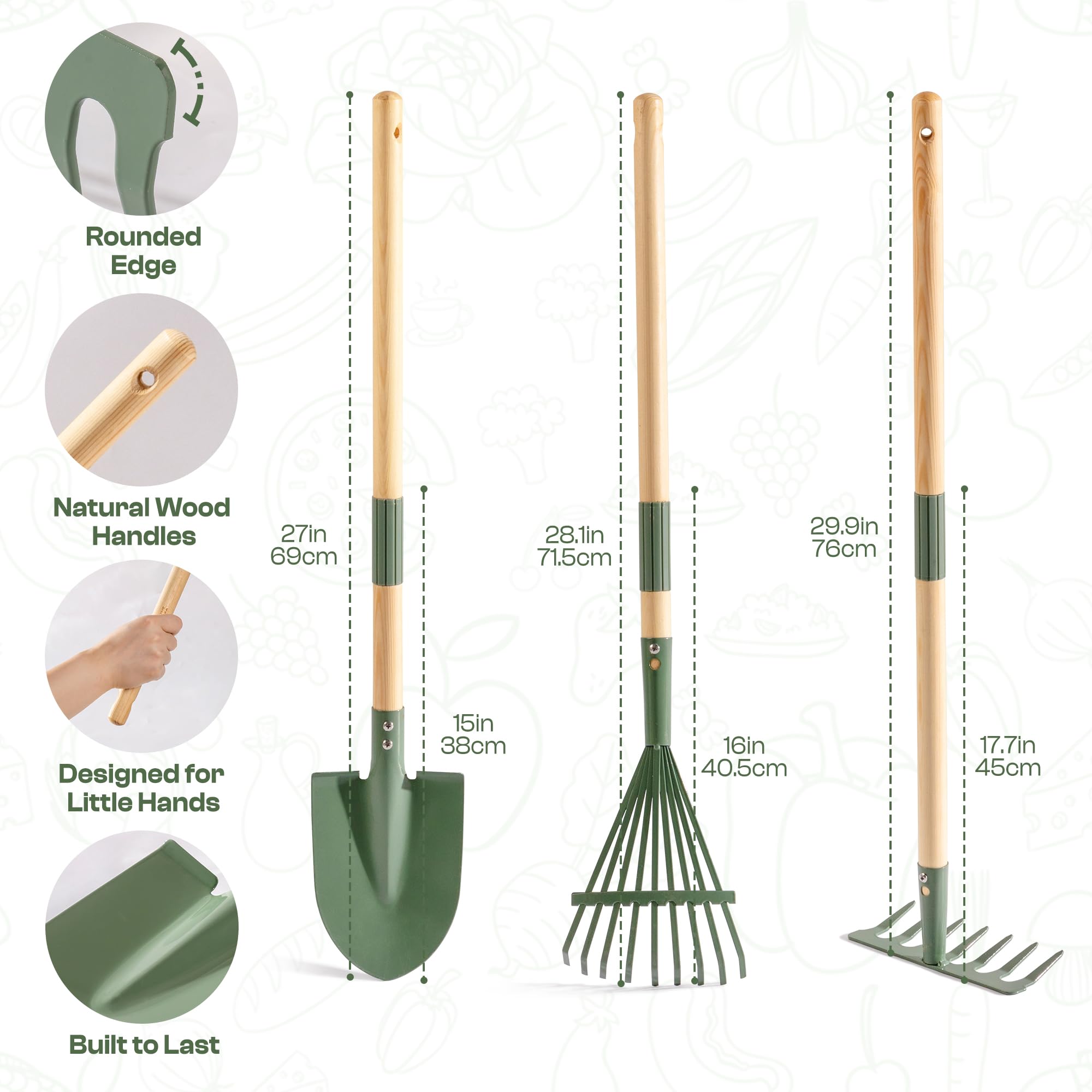 ROBUD Kinder Schubkarre Metall mit Gartenwerkzeug Set, Gartengeräte Spielzeug für Mädchen Jungen ab 3 Jahren, Grün