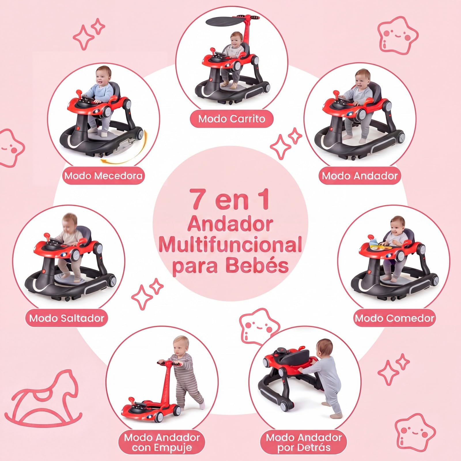 COSTWAY 7 en 1 Andador Bebes con Capota, Tacata Bebe Plegable con Altura y Velocidad Regulables con Modo Mecedora, Música, Luces y Diseño Antivuelco,Caminador para Bebe de 7-18 Meses (Negro y Rojo)