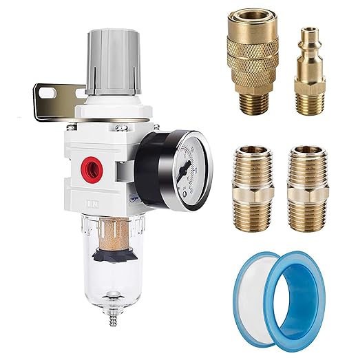 NANPU 1/4" NPT Compressed Air Filter Regulator Combo Piggyback, 5 Micron Brass Element, Poly Bowl, Semi-Auto Drain, Metal Bracket, 0-150 psi Gauge