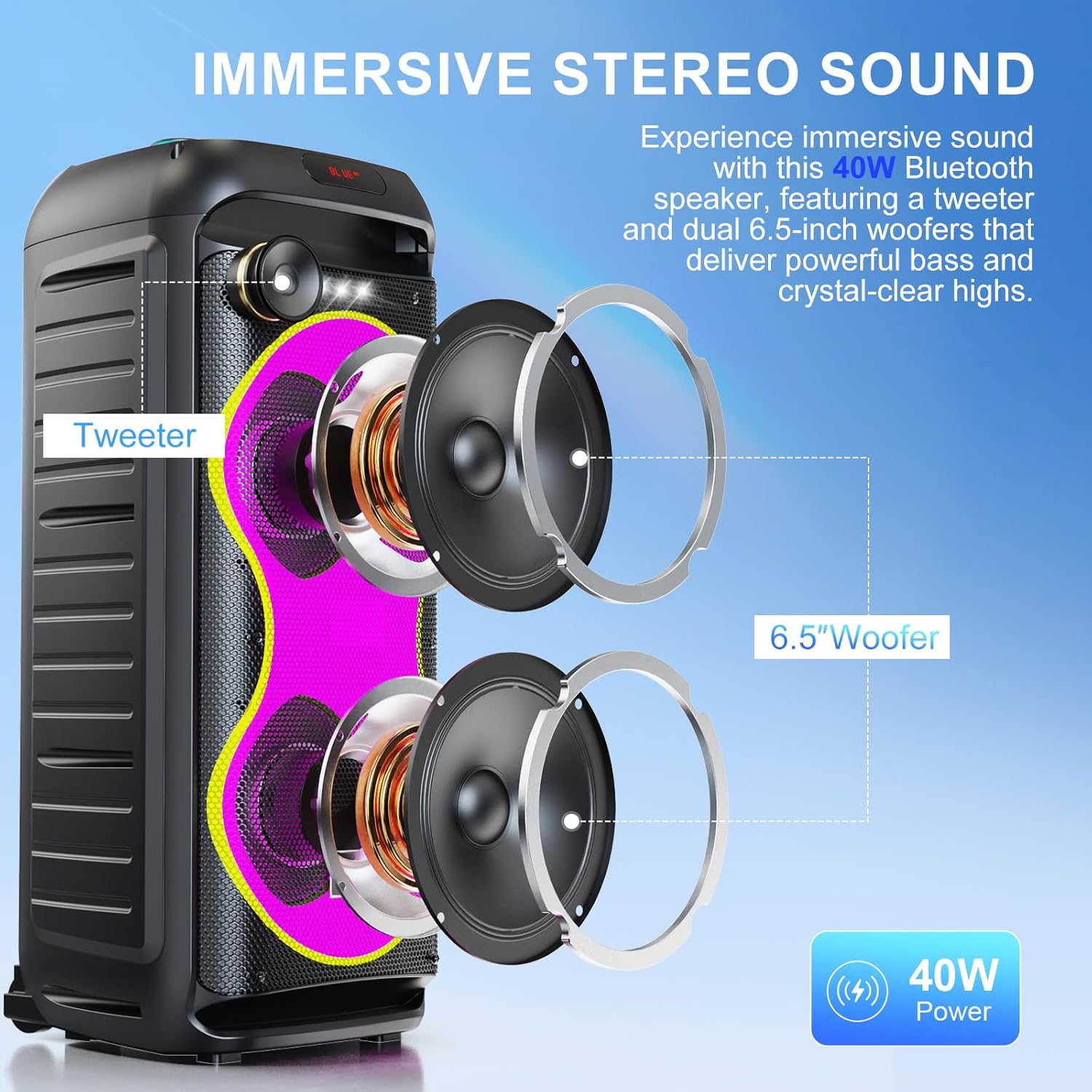 Bluetooth Karaoke Speaker with 2 Wireless Microphones – 40W Portable PA System with LED Lights, TWS Pairing, 6.5” Dual Woofers, Rolling Wheels, Rechargeable Battery - for Party/Home/Outdoor - Image 2