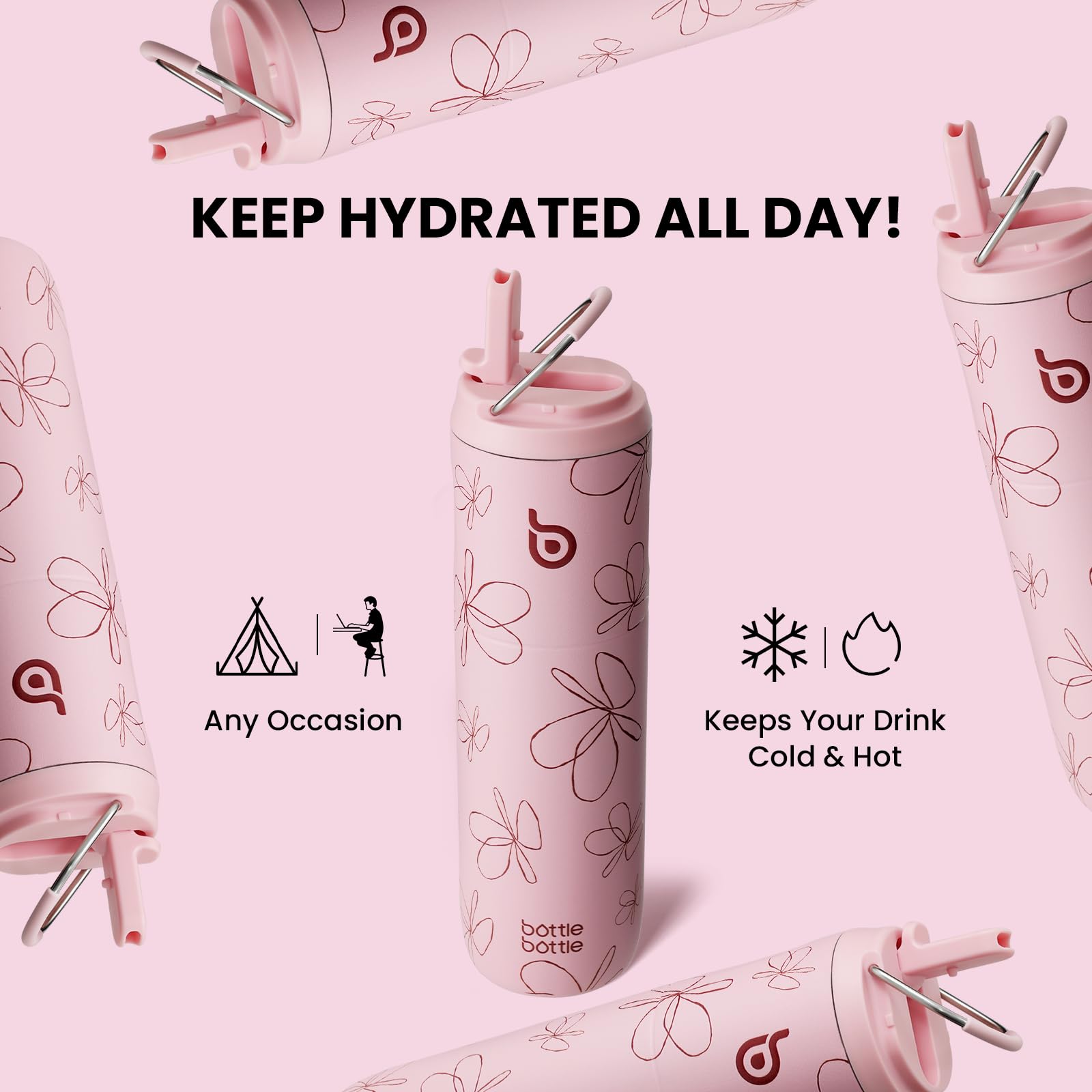 BOTTLE BOTTLE Butelka termiczna 750 ml ze stali nierdzewnej ze słomką i zakrętką – szczelna, bez BPA – do szkoły, podróży, fitness (różowy w kwiaty)