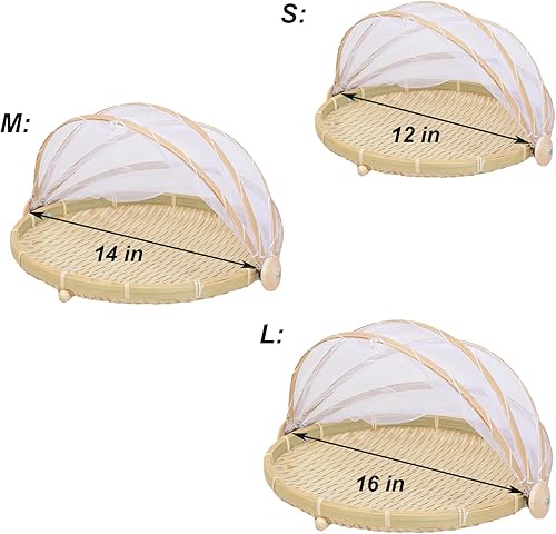 Miniatura 3 de Cesta de bambú para servir alimentos con cubierta, cesta redonda de bambú tejida a mano para pan y frutas con cubierta de malla retráctil para