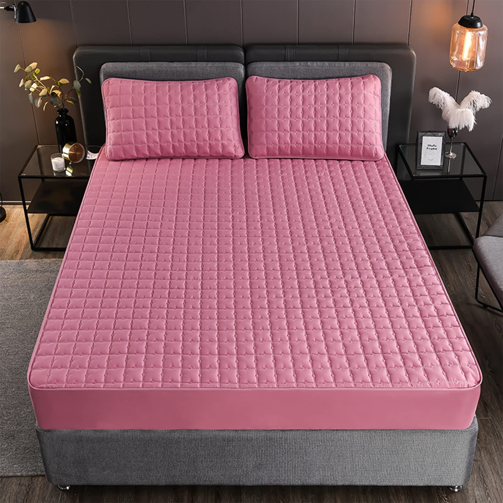 Protector de colchón acolchado antideslizante y hábil, color rosa y rojo, tamaño 180 x 200 cm, altura 10-25 cm, perfecto para comodidad y protección de la ropa de cama